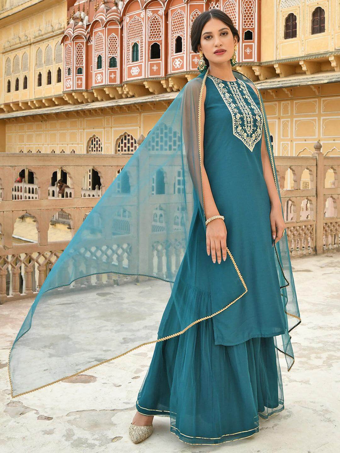 Teal Green Poly Silk Embroidered Kurta with Sharara and Dupatta