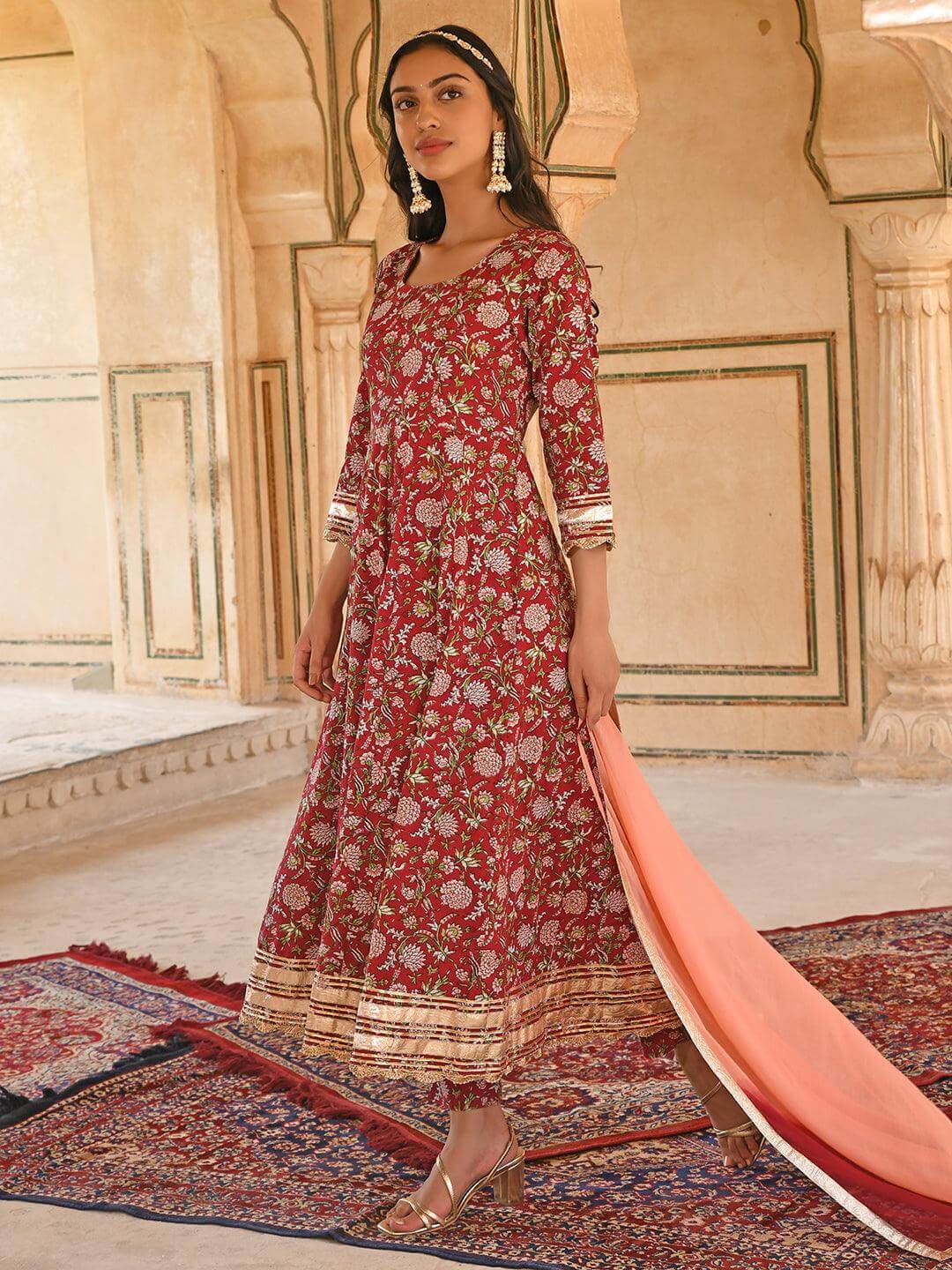 Maroon Cotton Floral Block Print Kurta with Pant and Dupatta