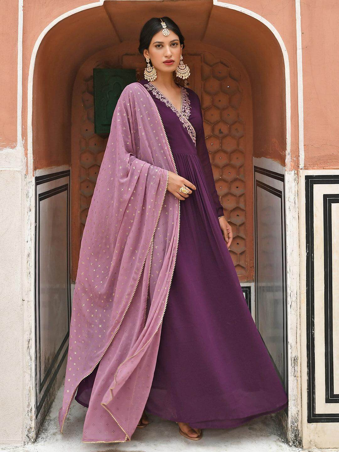 Wine Georgette Solid Kurta with Dupatta