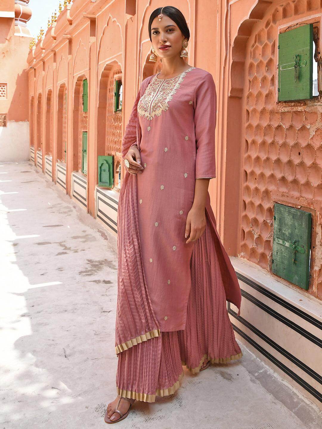 Peach Chinnon Embroidered Kurta with Skirt and Dupatta