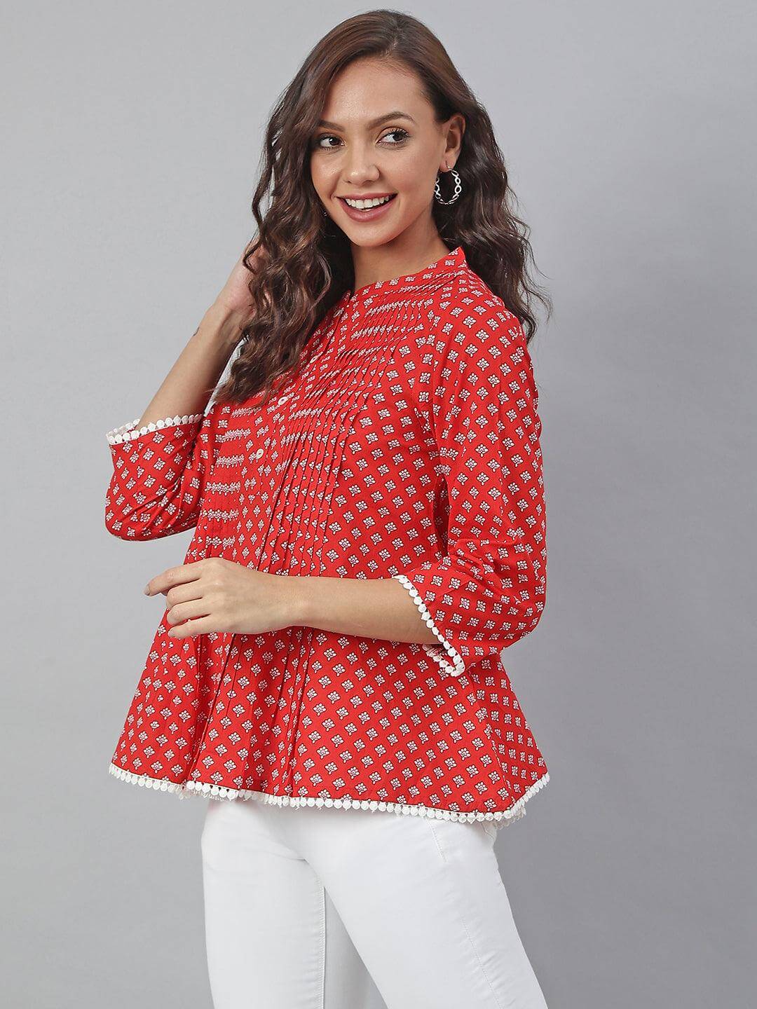 Red Cotton Schiffli Regular Top