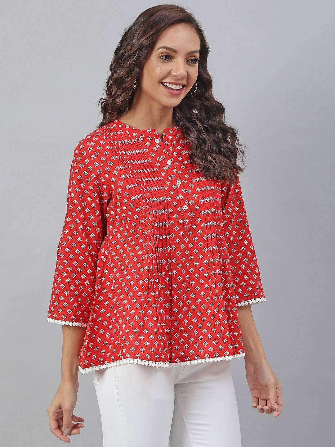 Red Cotton Schiffli Regular Top