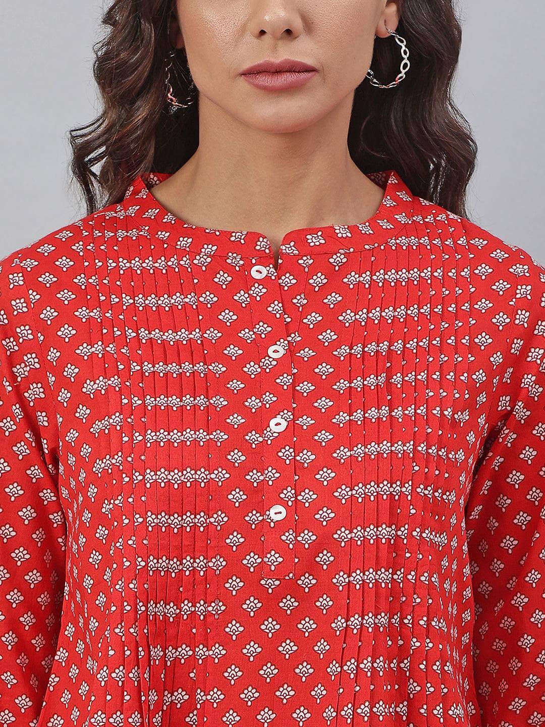Red Cotton Schiffli Regular Top