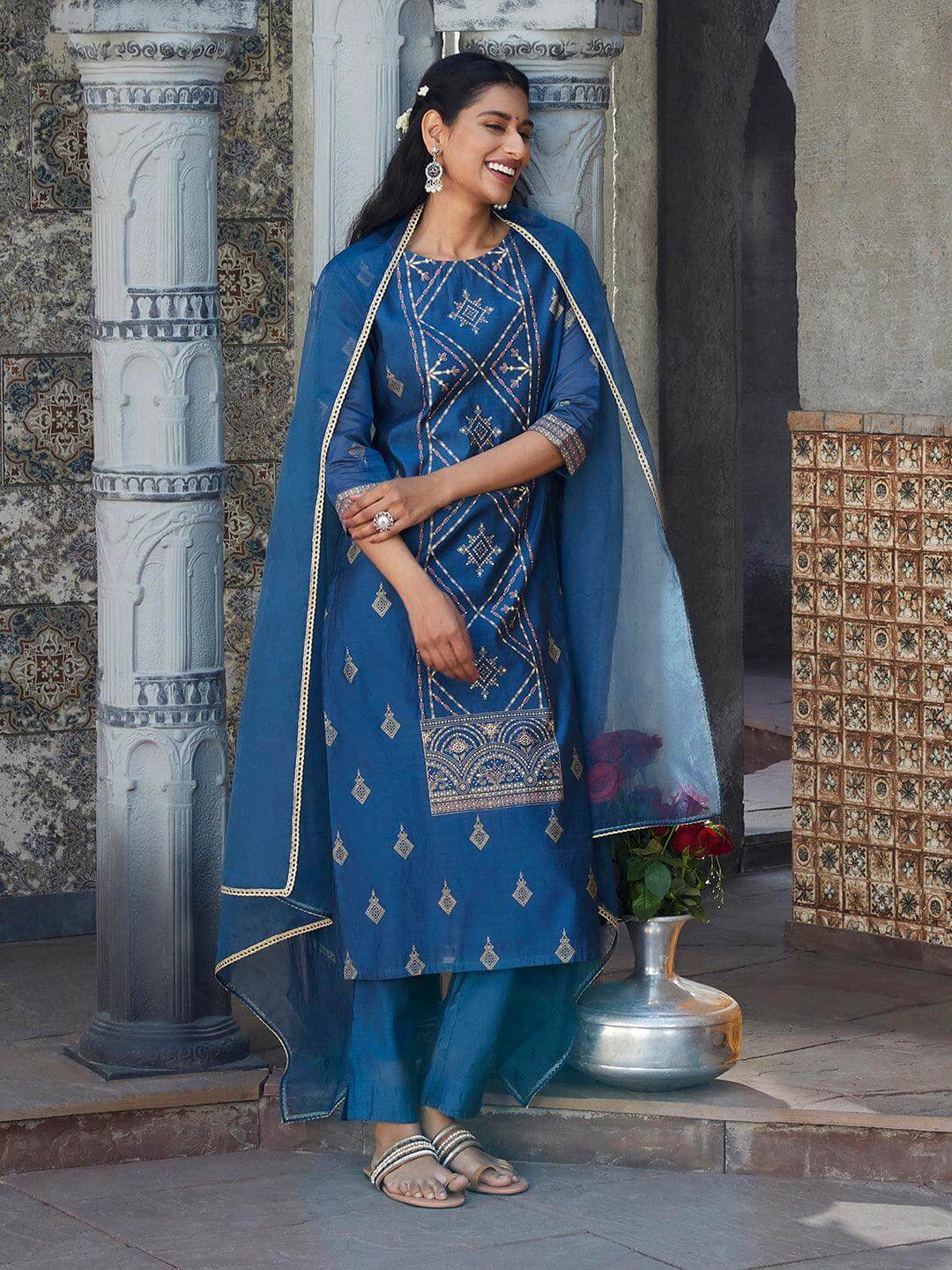 Teal Poly Silk Kurta With Pant and Dupatta