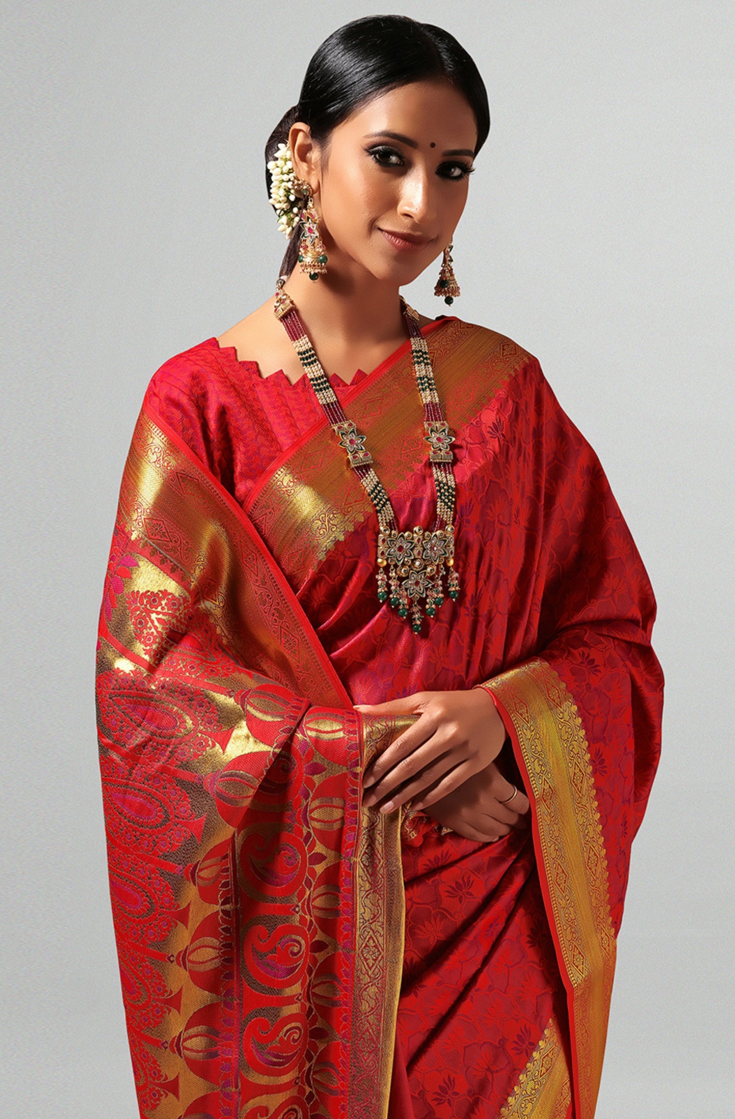 Janasya Women's Red Silk Cotton Woven Design Saree with Blouse Piece