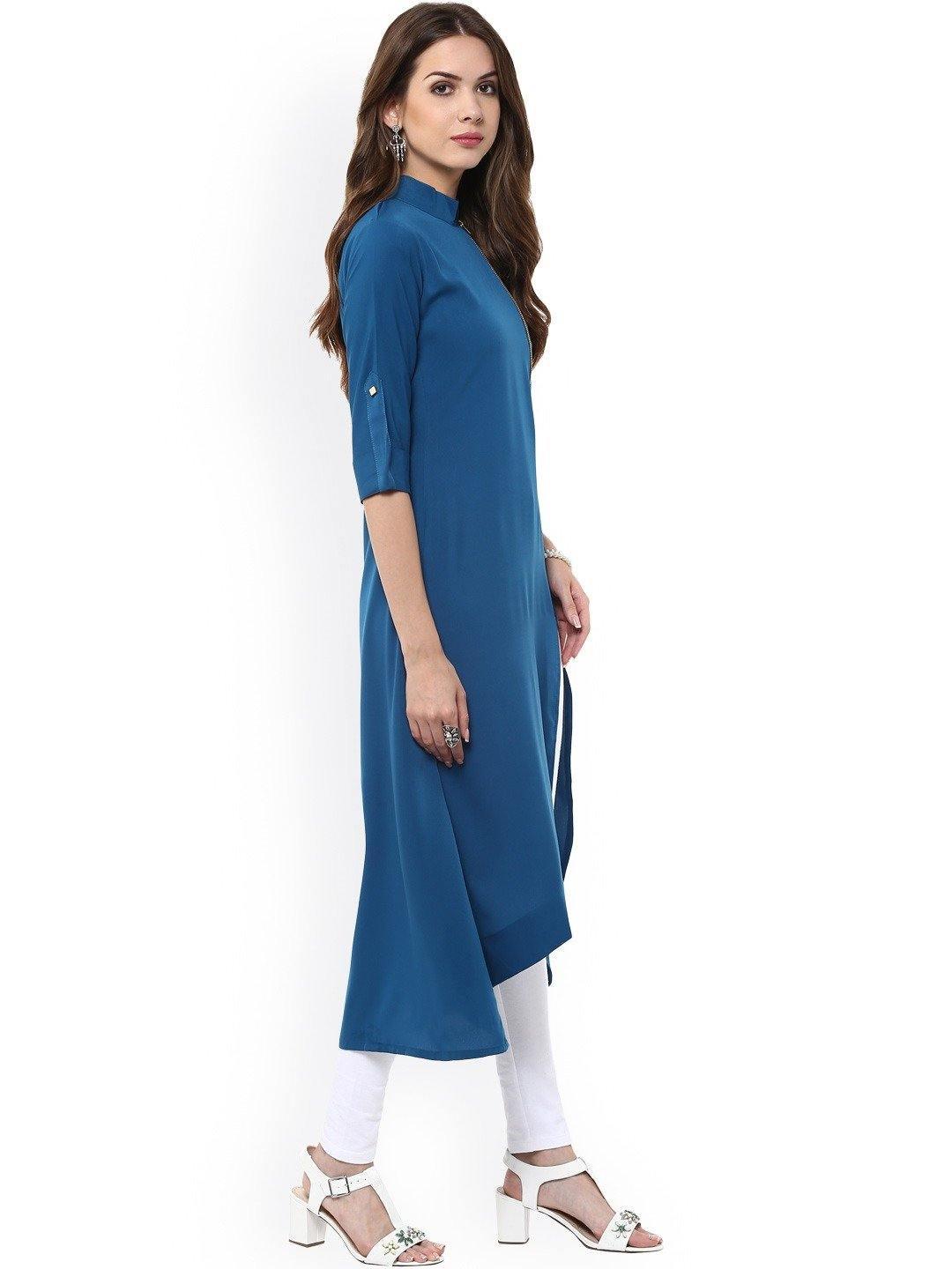 Teal Poly Crepe Solid High Low Kurta