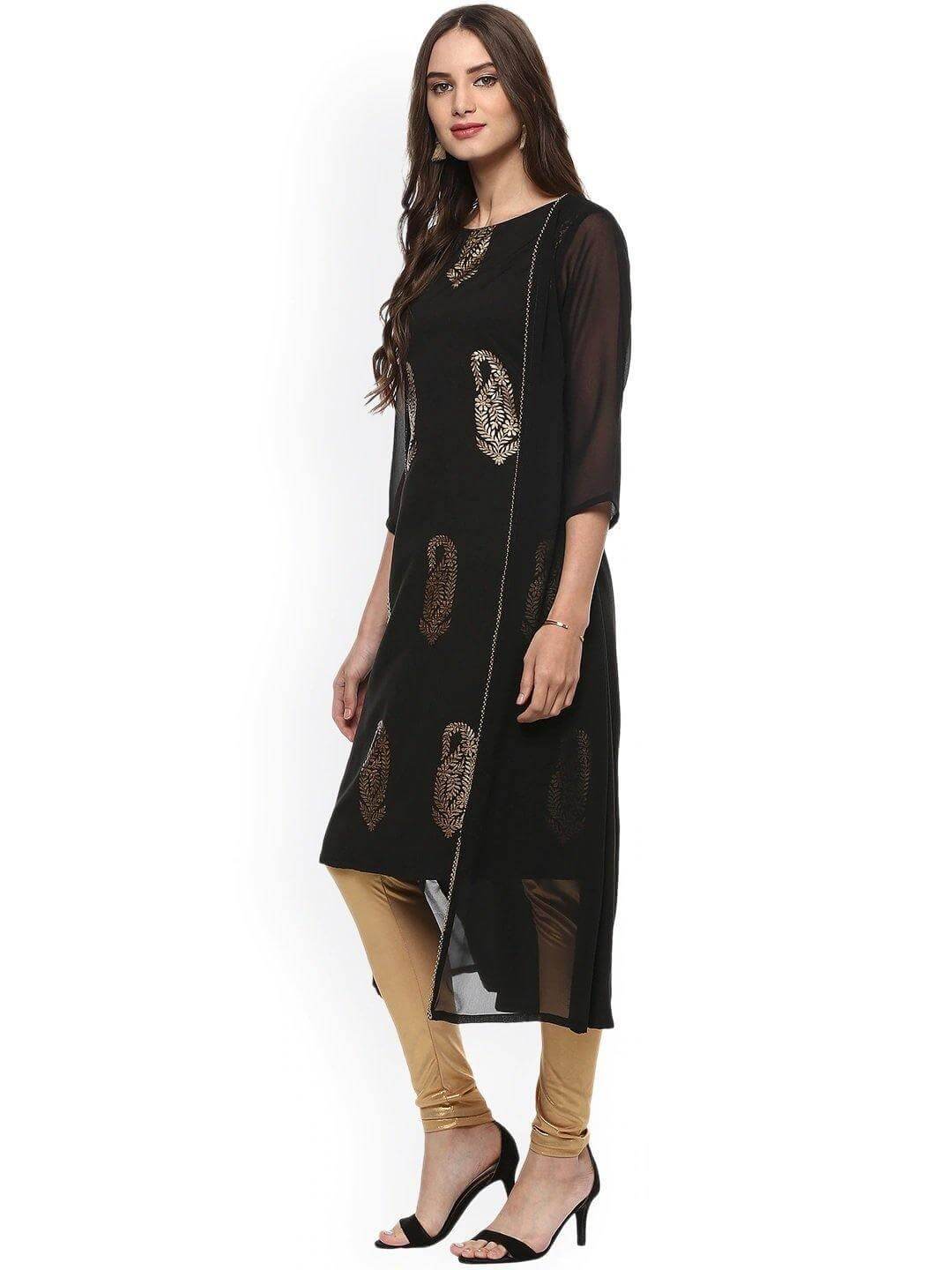 Black Poly Crepe Gold Print A-line Kurta