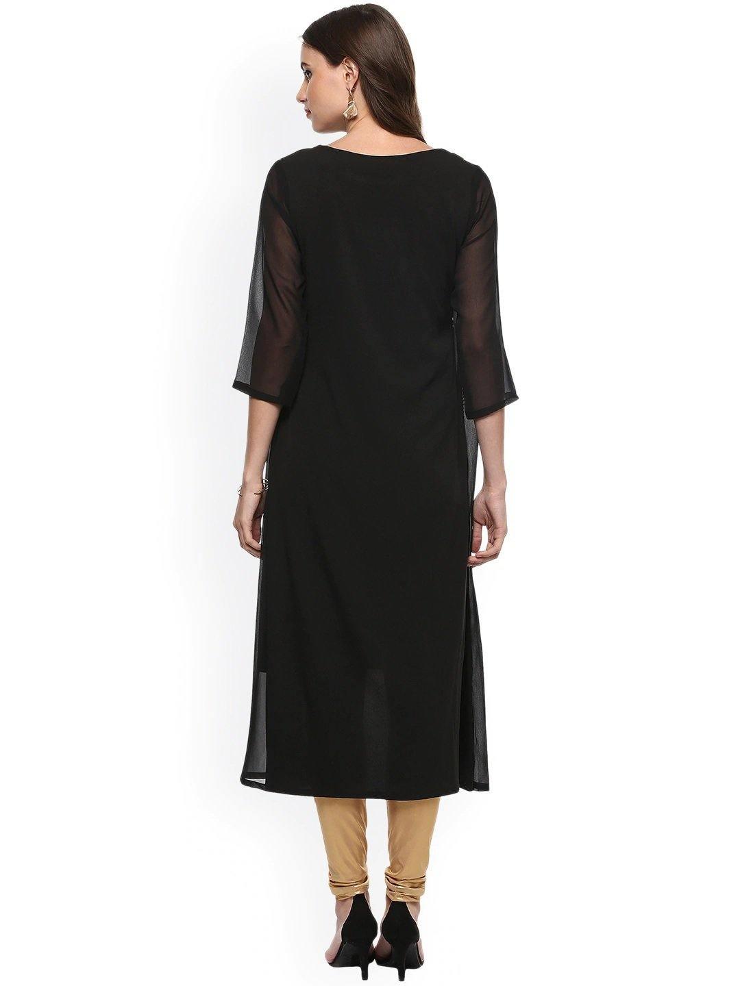 Black Poly Crepe Gold Print A-line Kurta