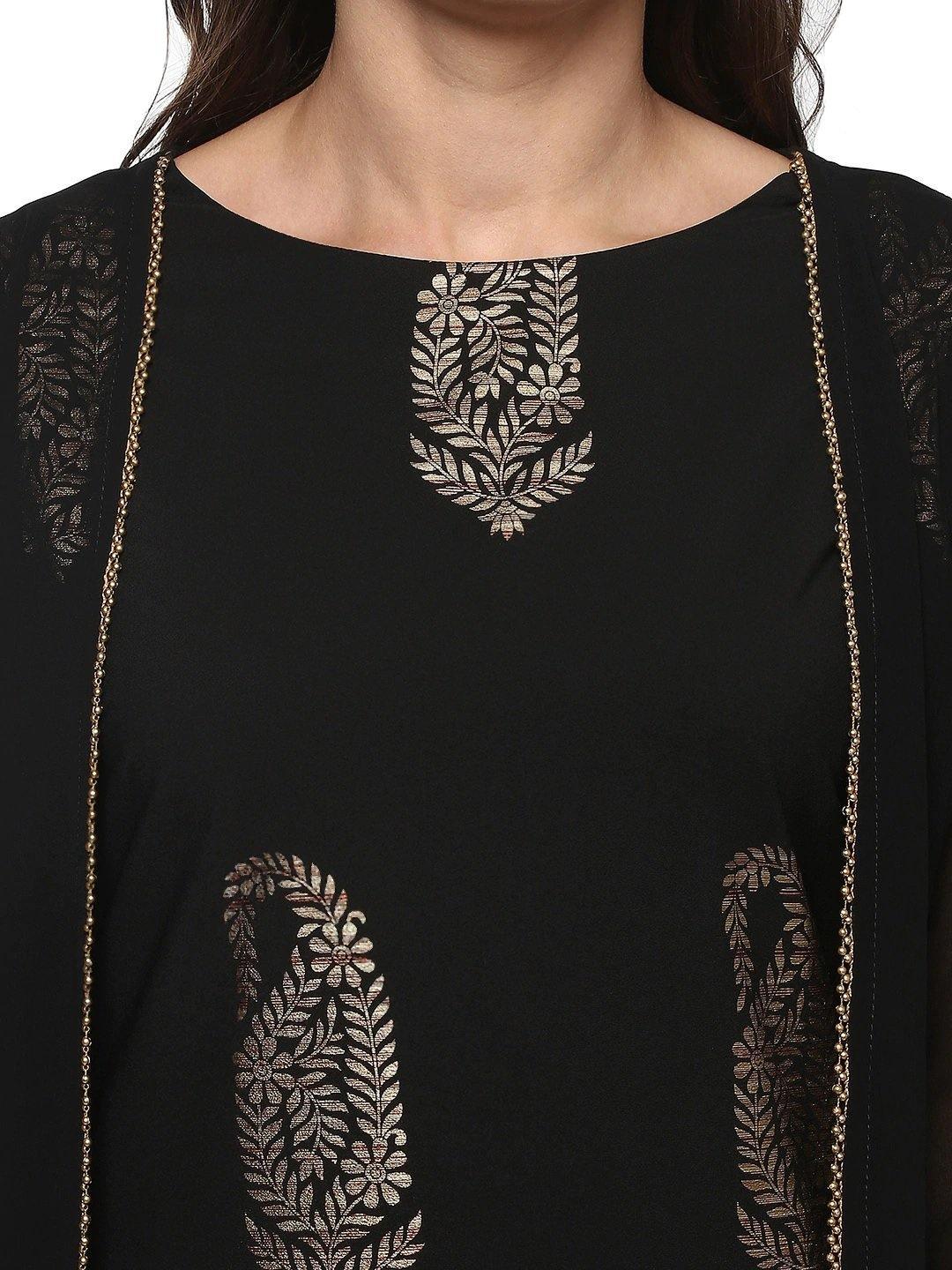 Black Poly Crepe Gold Print A-line Kurta