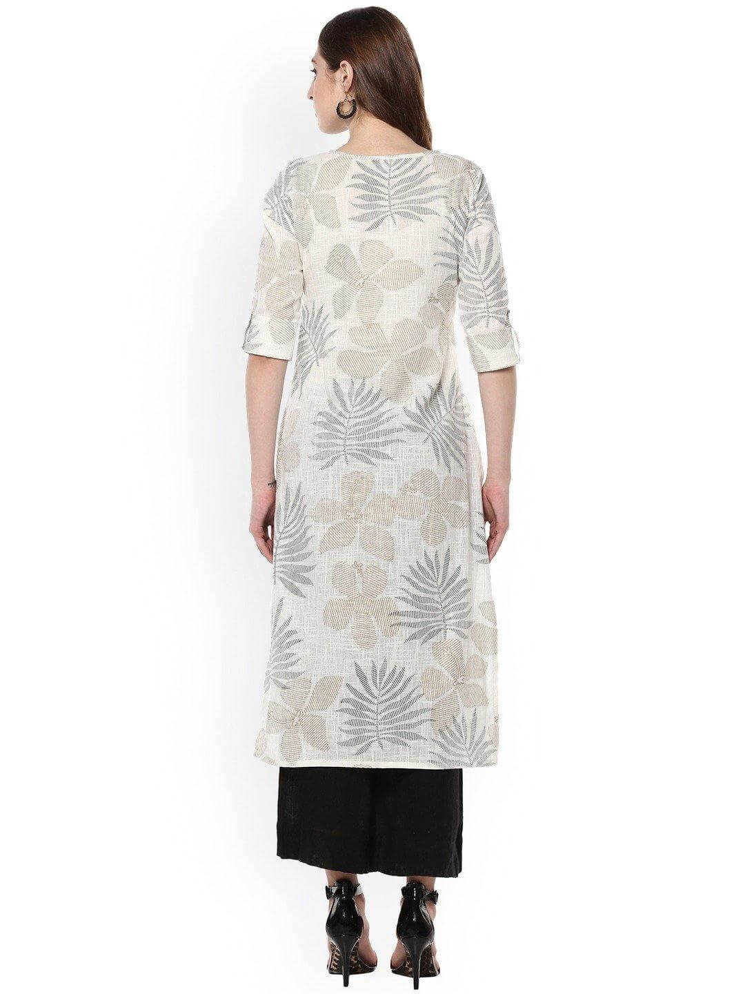 Off White Cotton Foil Print Straight Kurta