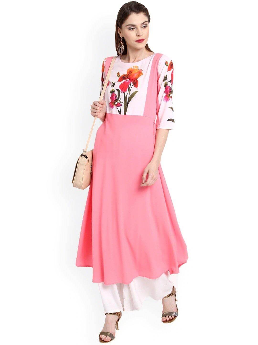 Pink Poly Crepe Botanical Print Flared Kurta