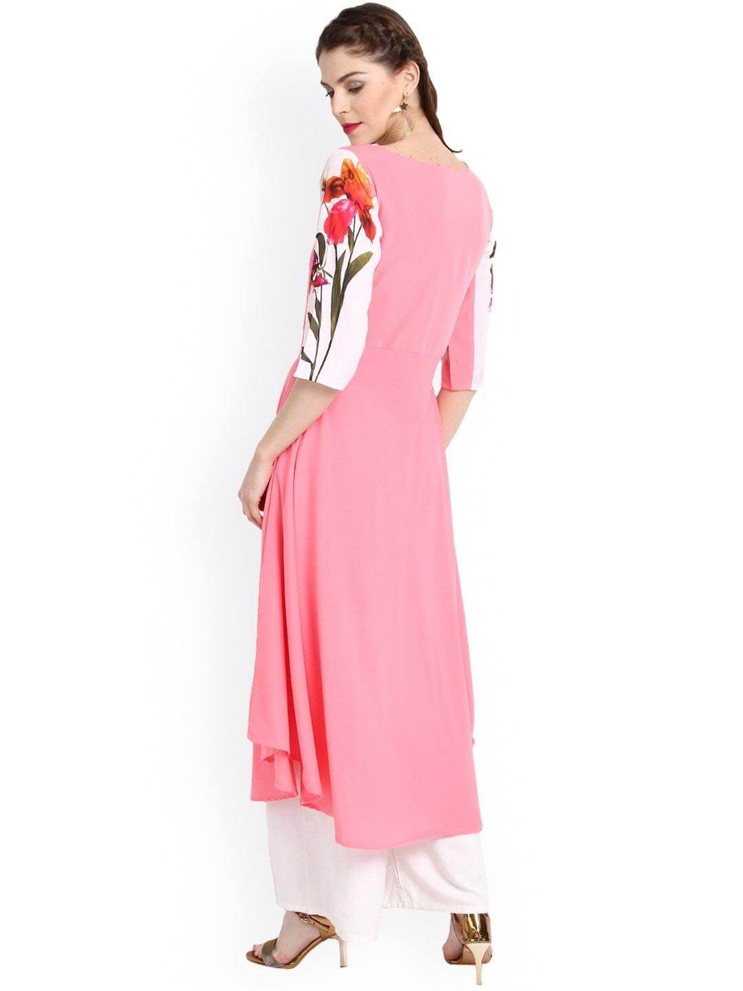 Pink Poly Crepe Botanical Print Flared Kurta