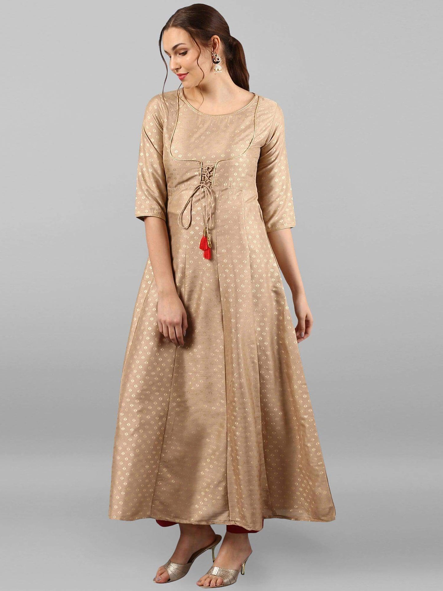 Beige Poly Silk Foil Print Anarkali Kurta