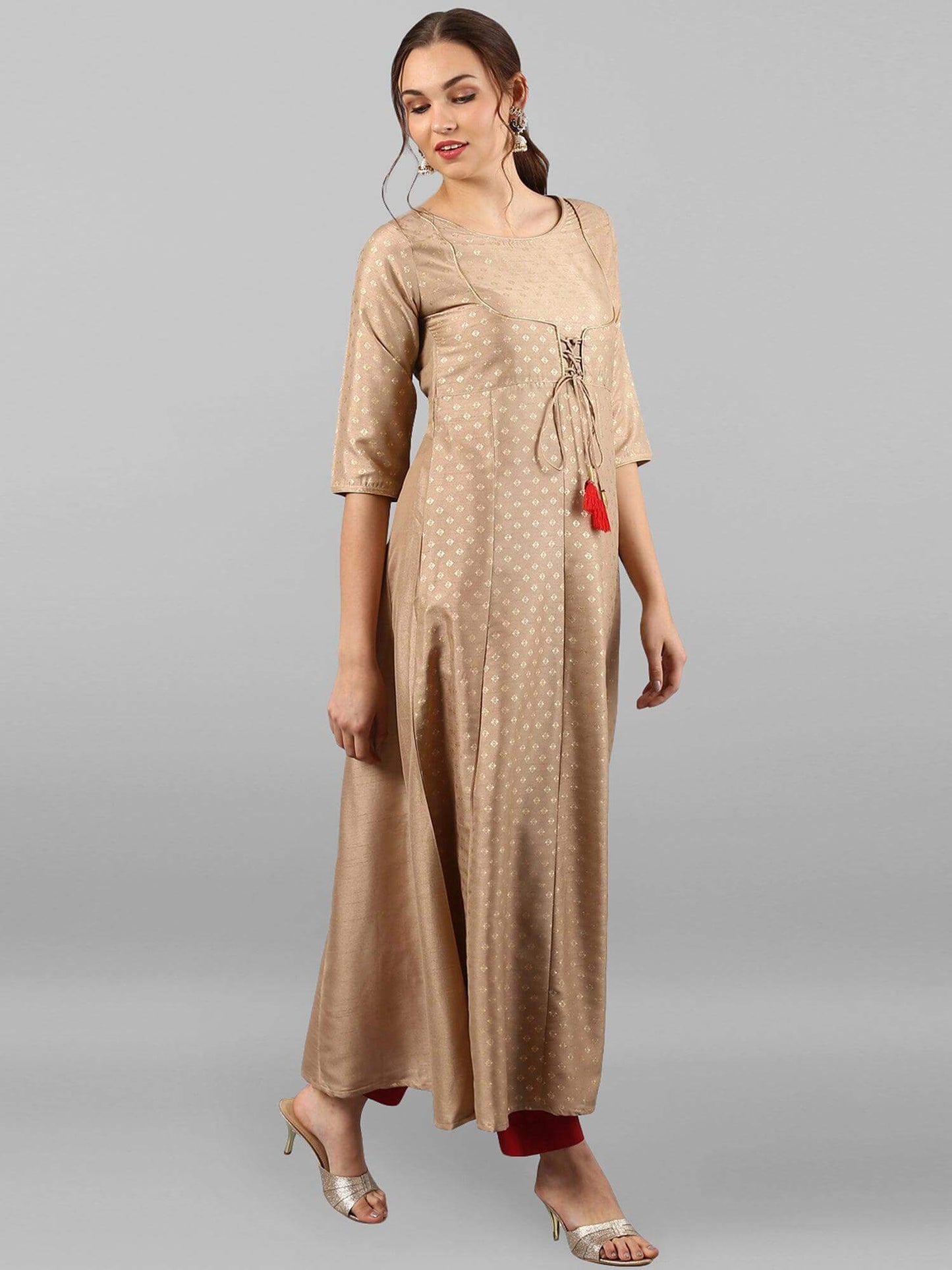 Beige Poly Silk Foil Print Anarkali Kurta
