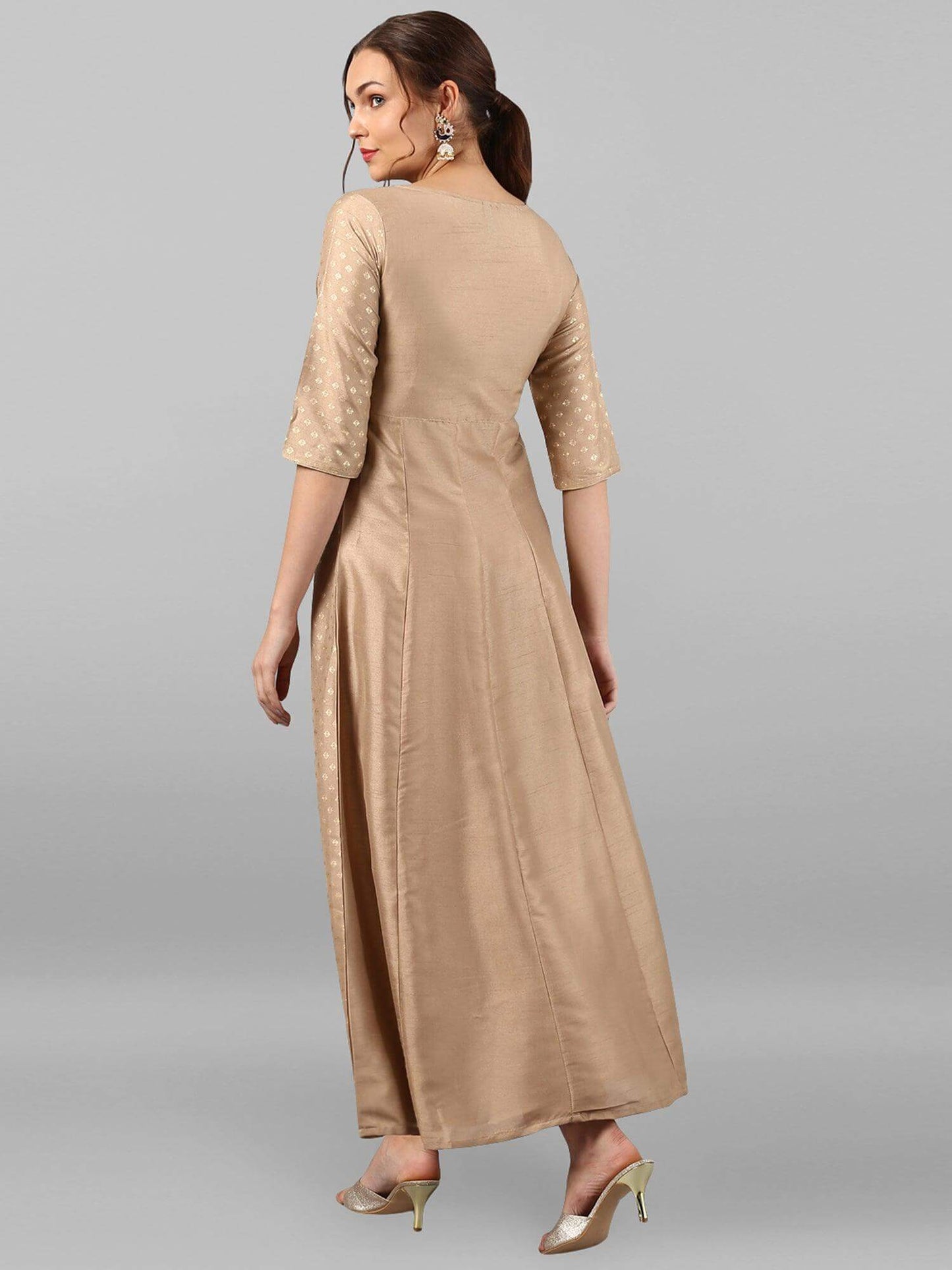 Beige Poly Silk Foil Print Anarkali Kurta