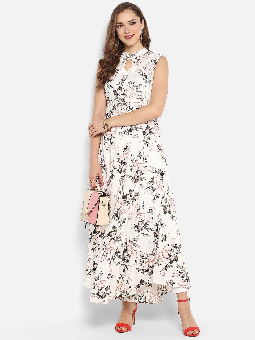 White Rayon Floral Print Gown Kurta