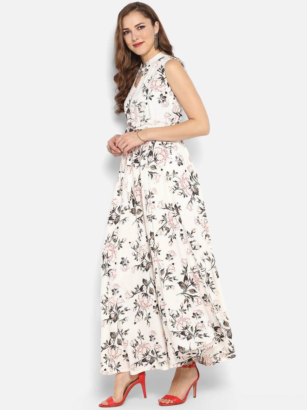 White Rayon Floral Print Gown Kurta