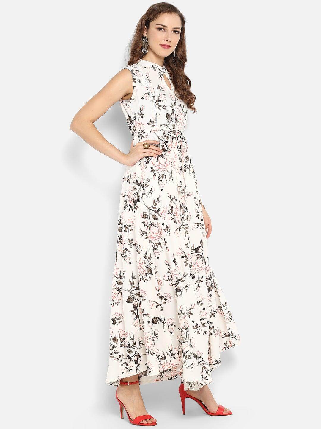White Rayon Floral Print Gown Kurta
