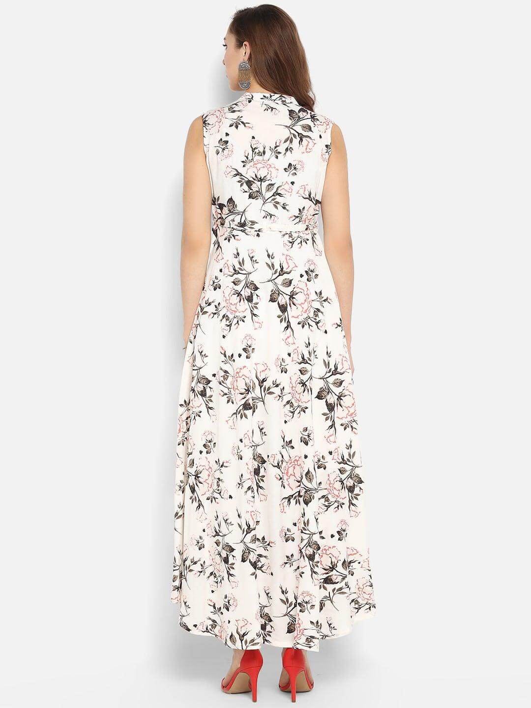 White Rayon Floral Print Gown Kurta