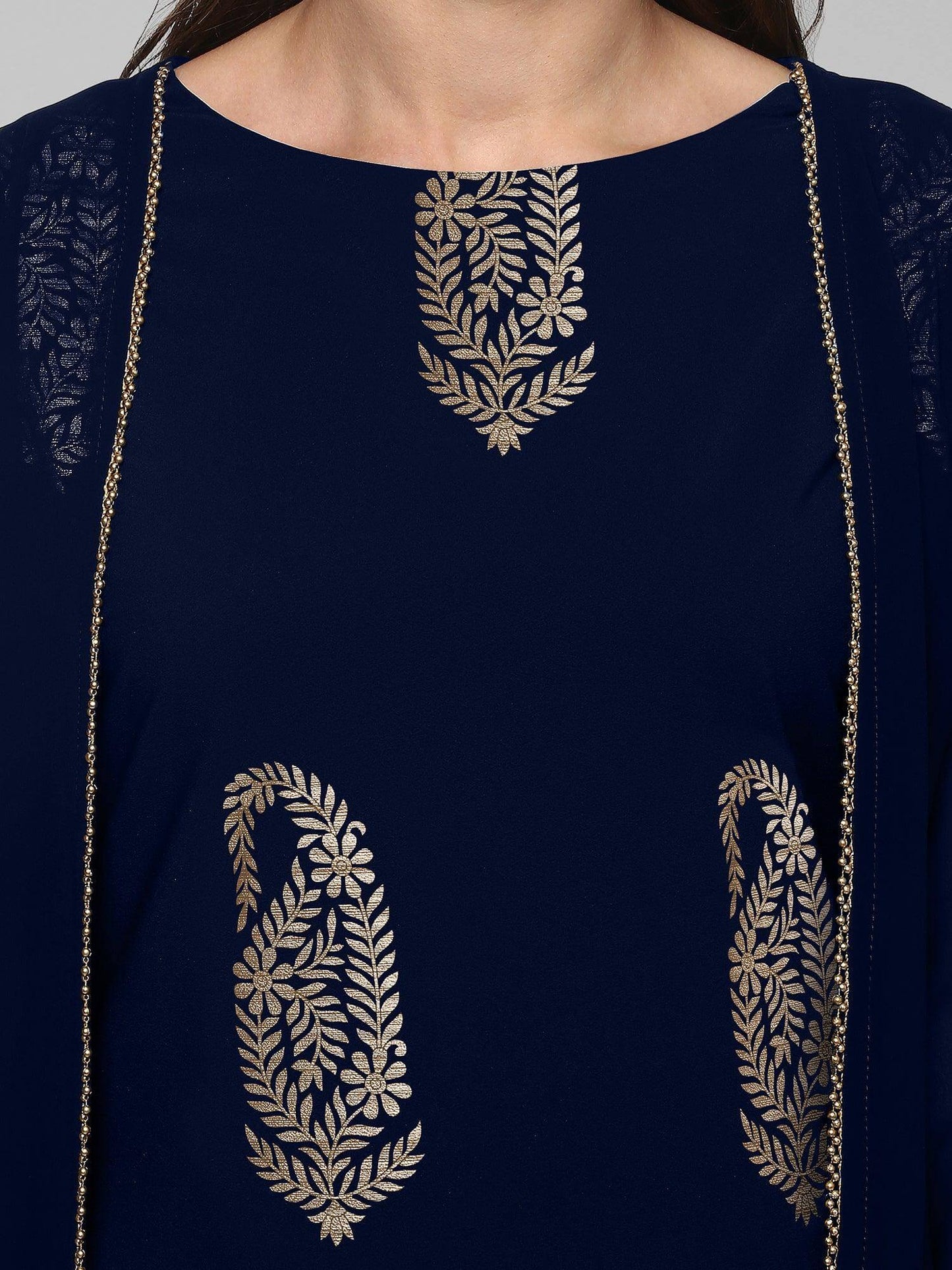 Blue Poly Crepe Foil Print A-line Kurta
