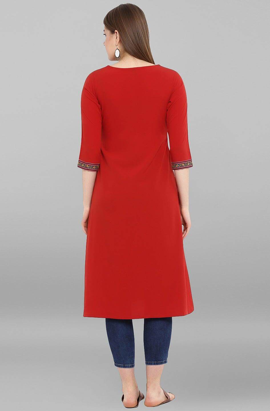 Red Poly Crepe Floral Print A-line Kurta