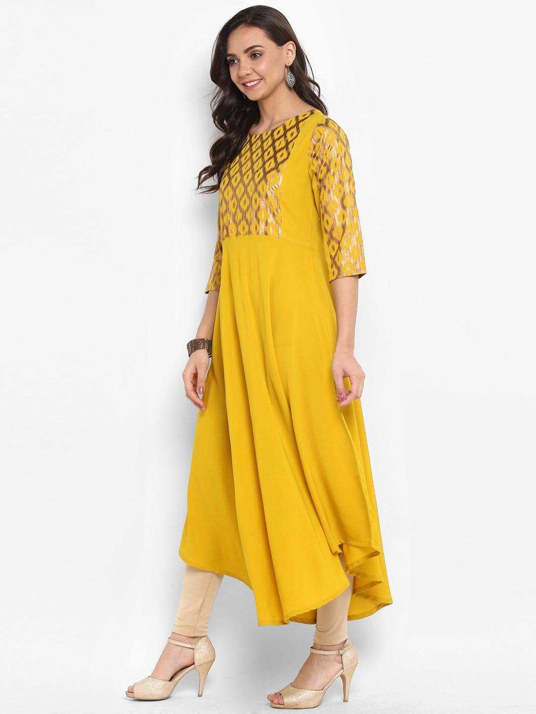 Yellow Poly Crepe Gold Print Flared Kurta