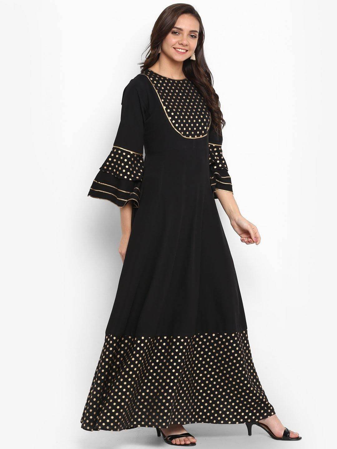 Black Poly Crepe Golden Butti Anarkali Kurta