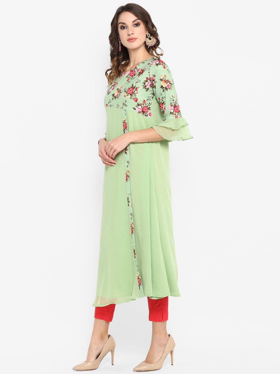 Light Green Poly Crepe Floral Print A-line Kurta