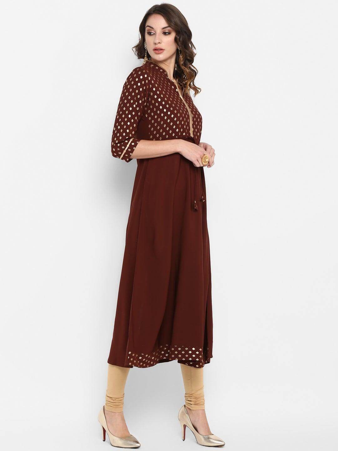 Brown Poly Crepe Gold Print A-line Kurta