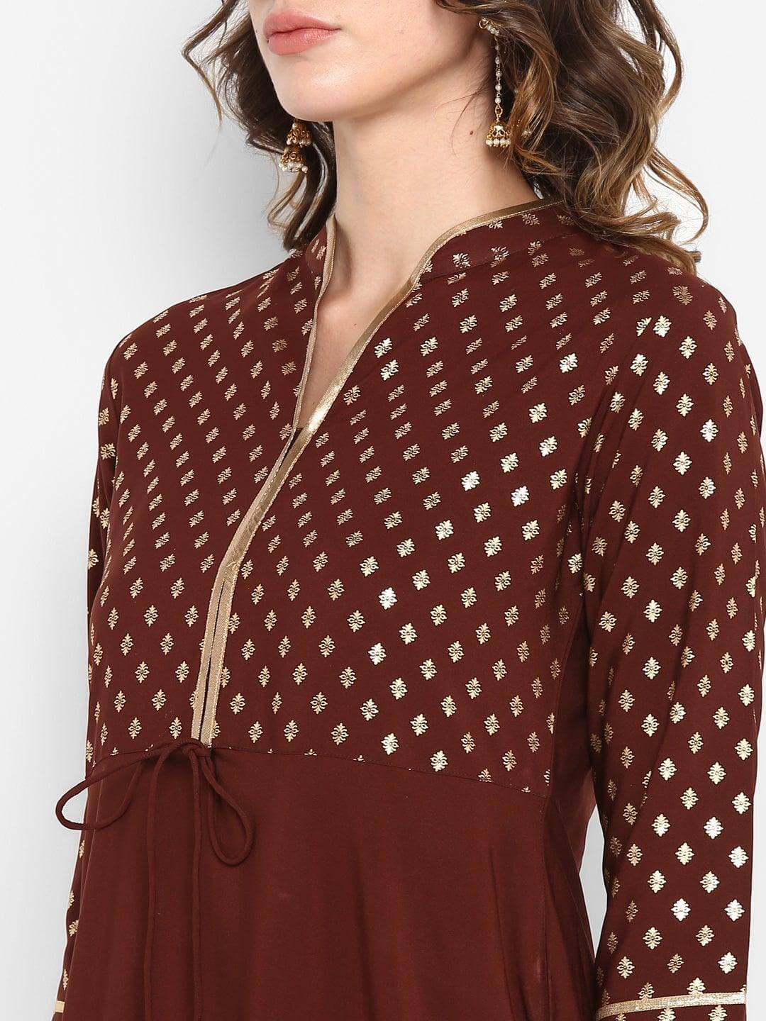 Brown Poly Crepe Gold Print A-line Kurta