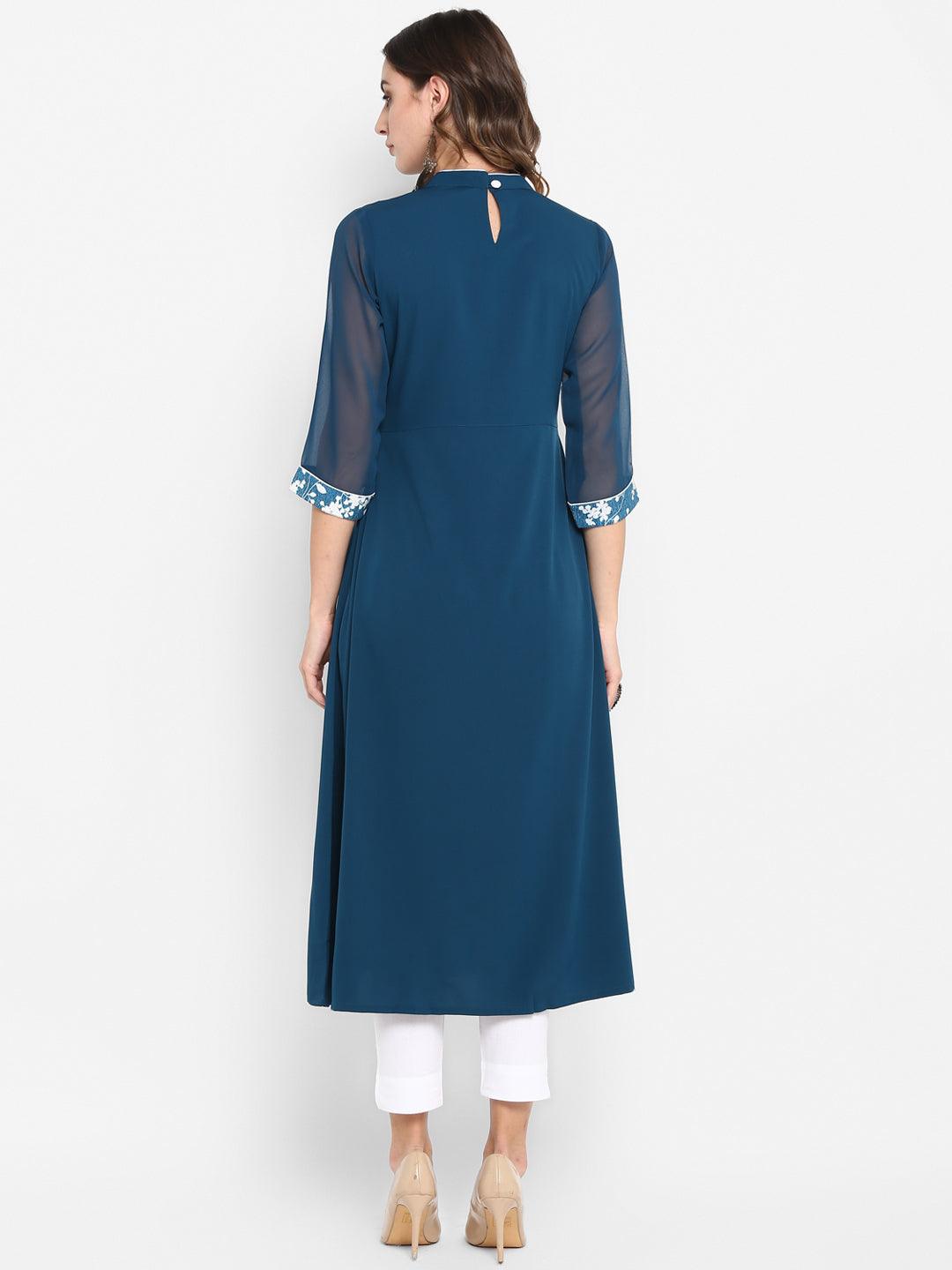 Teal Blue Poly Crepe Floral Print A-line Kurta