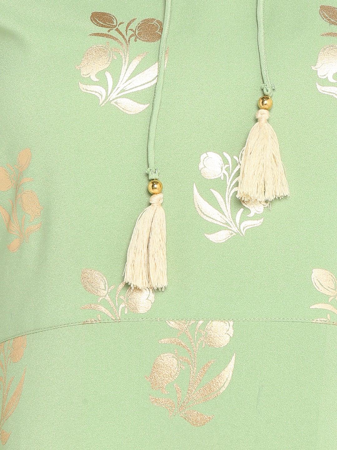 Light Green Poly Crepe Gold Print A-line Kurta