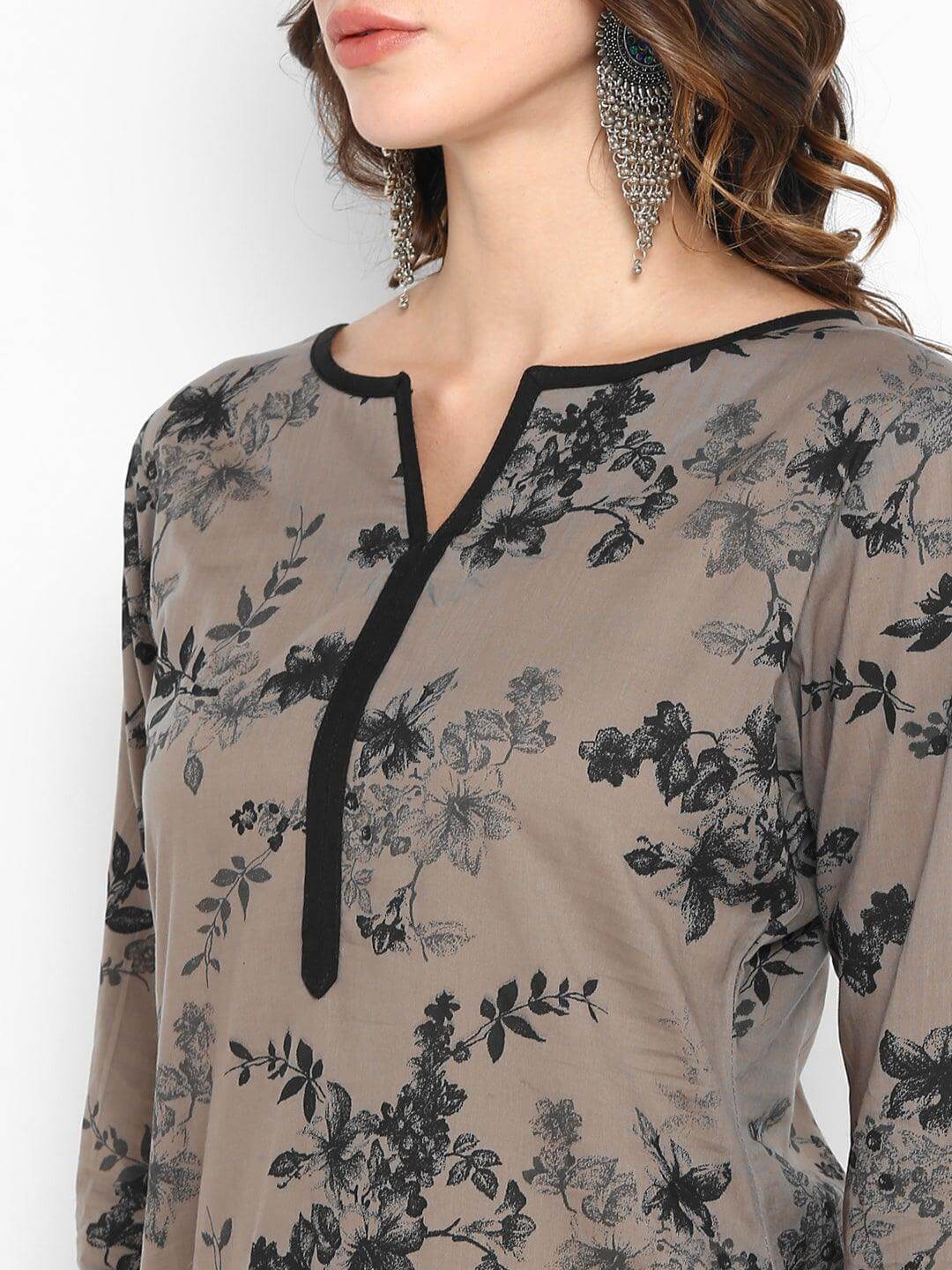 Taupe Cotton Floral Print Straight Kurta