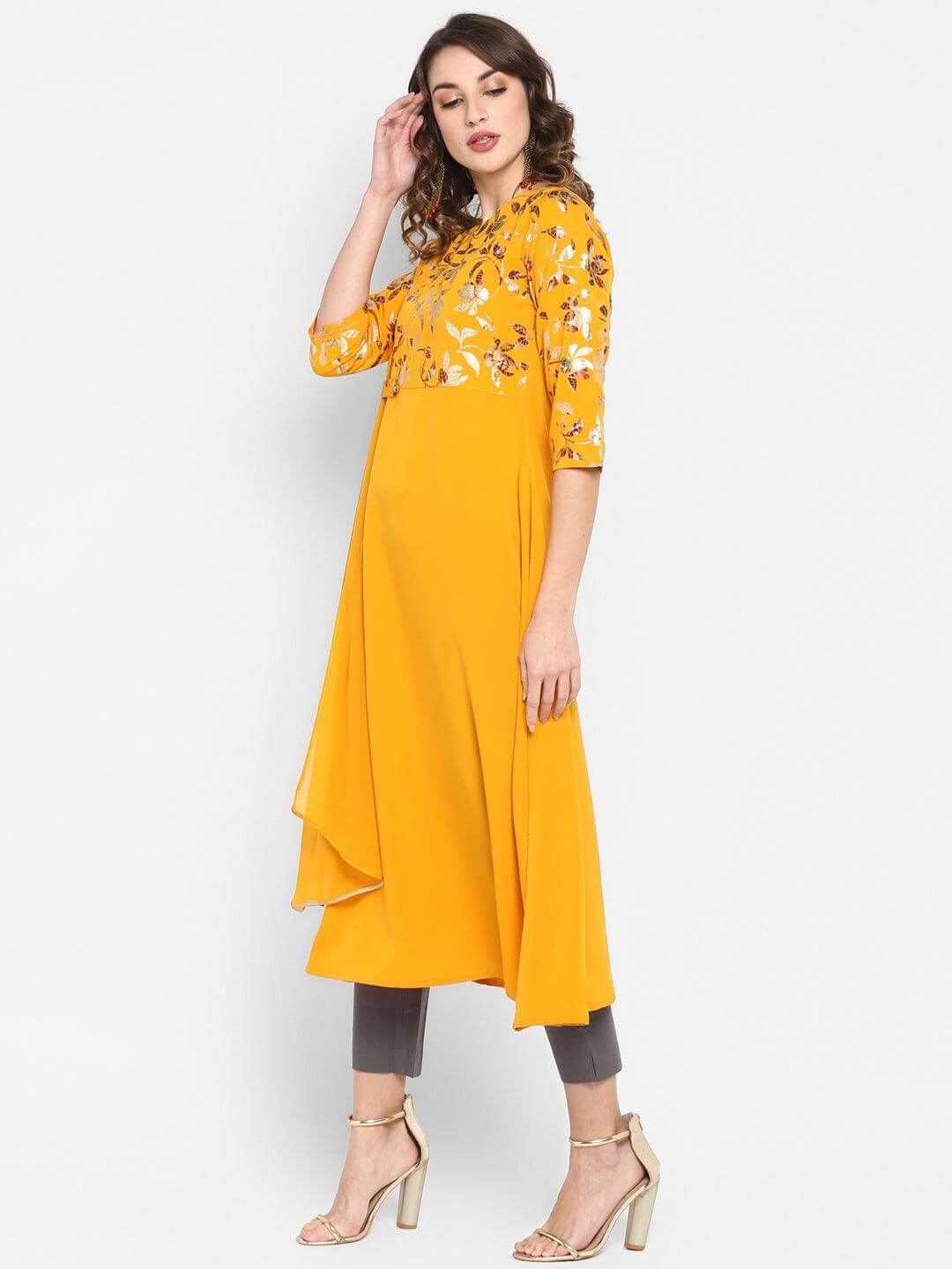 Mustard Poly Crepe Foil Print A-line Kurta