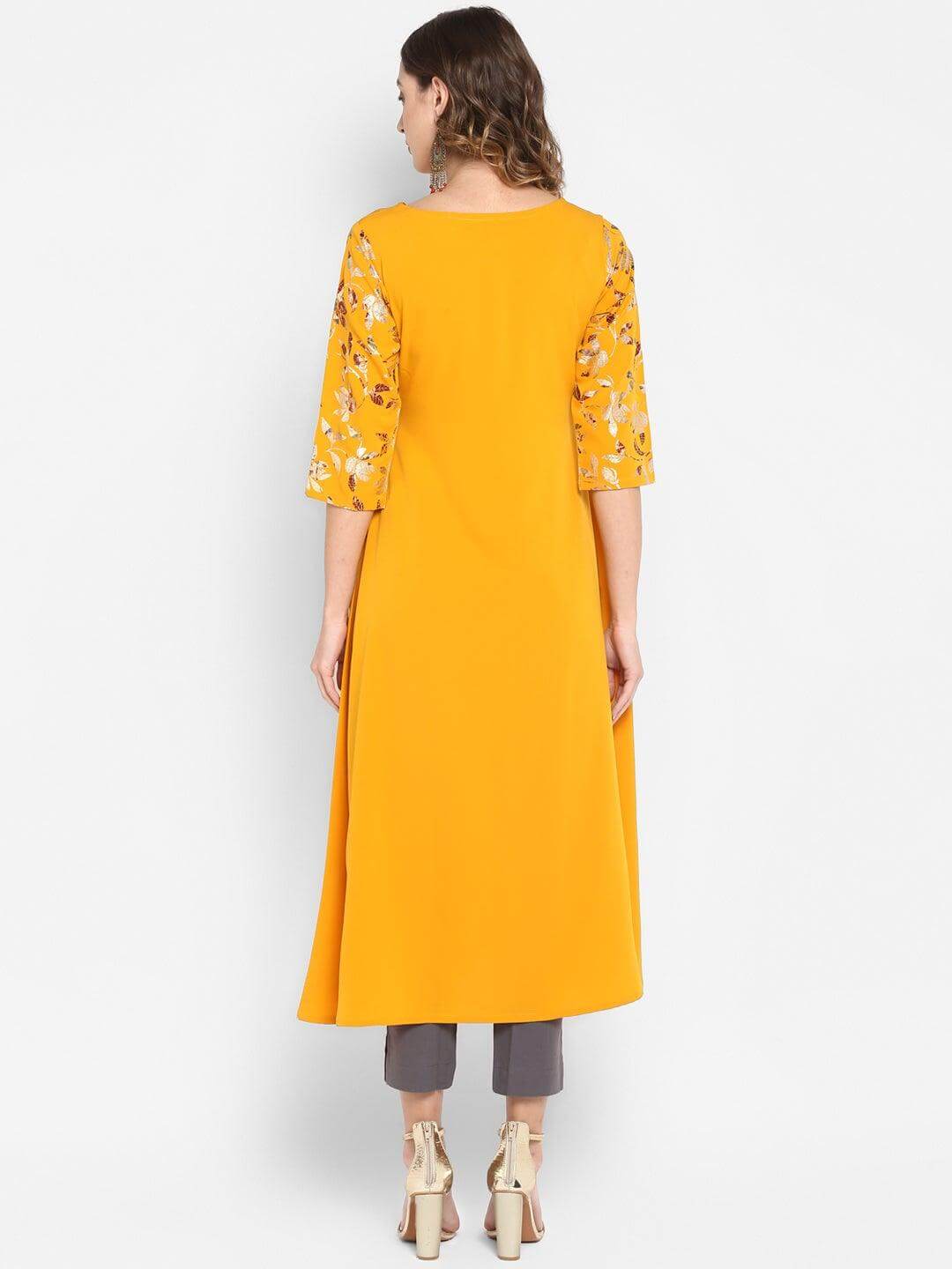 Mustard Poly Crepe Foil Print A-line Kurta