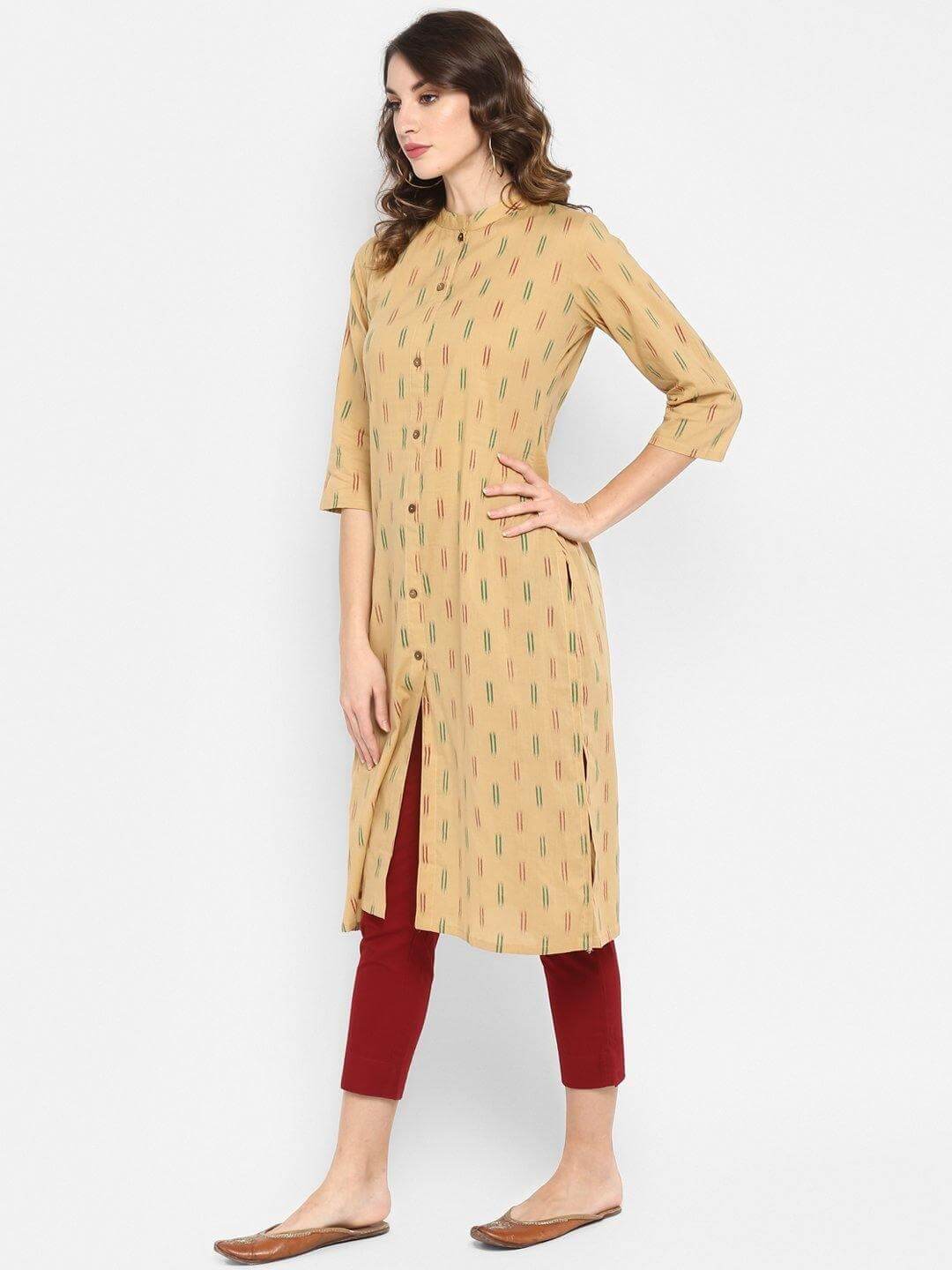 Beige Cotton Ikat Straight Kurta