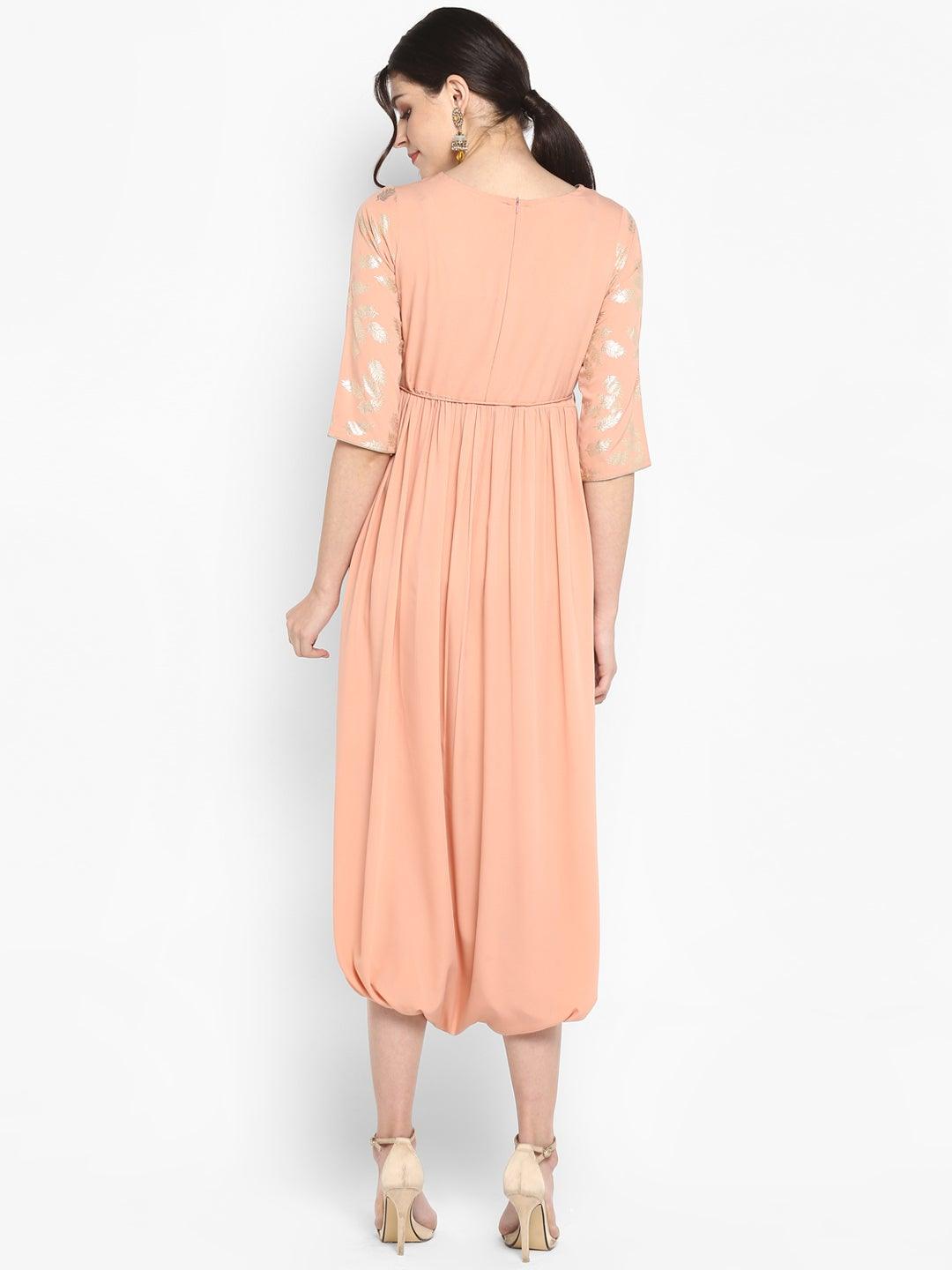 Peach Poly Crepe Foil Print Dhoti Style Kurta