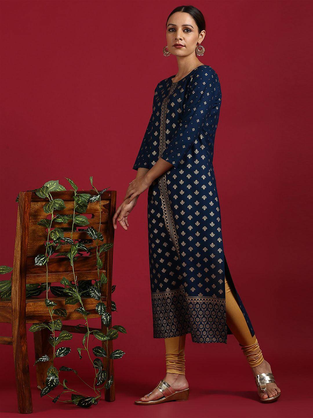 Dark Blue Rayon Ethnic Motifs Straight Kurta