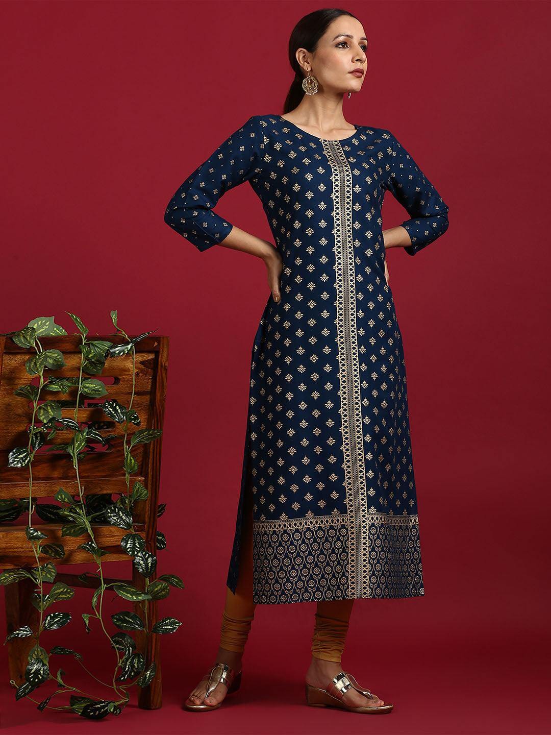 Dark Blue Rayon Ethnic Motifs Straight Kurta
