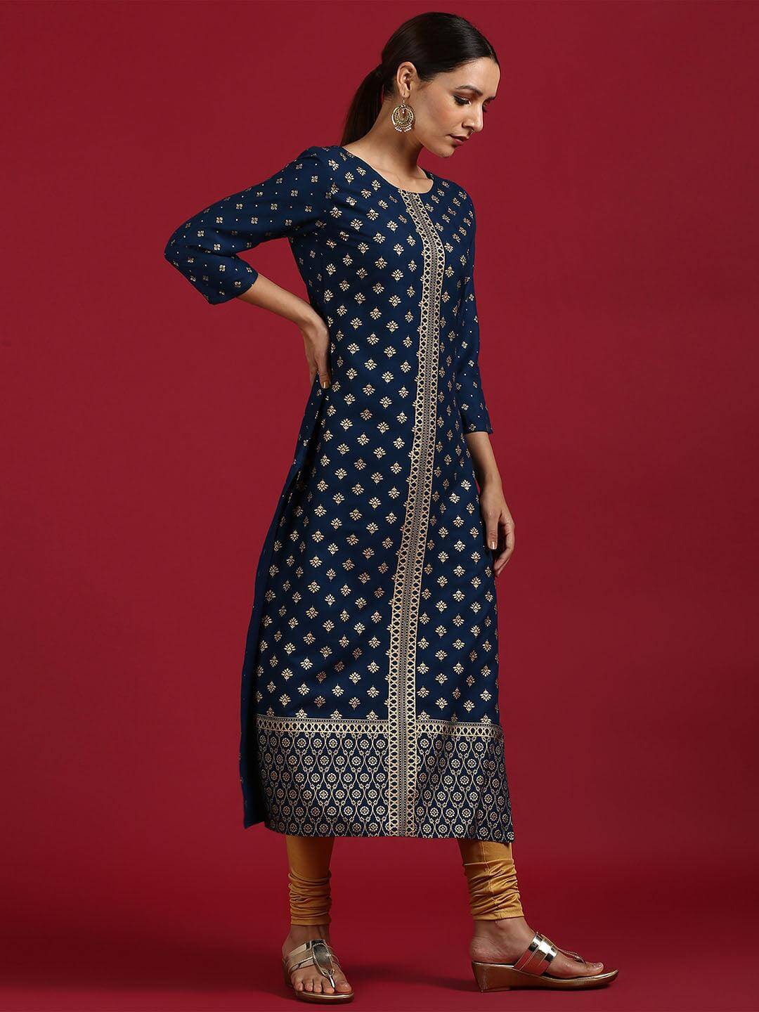 Dark Blue Rayon Ethnic Motifs Straight Kurta