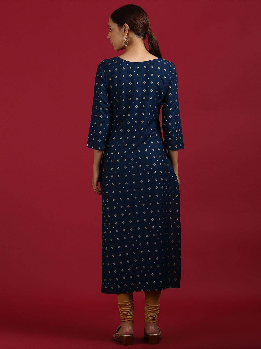 Dark Blue Rayon Ethnic Motifs Straight Kurta