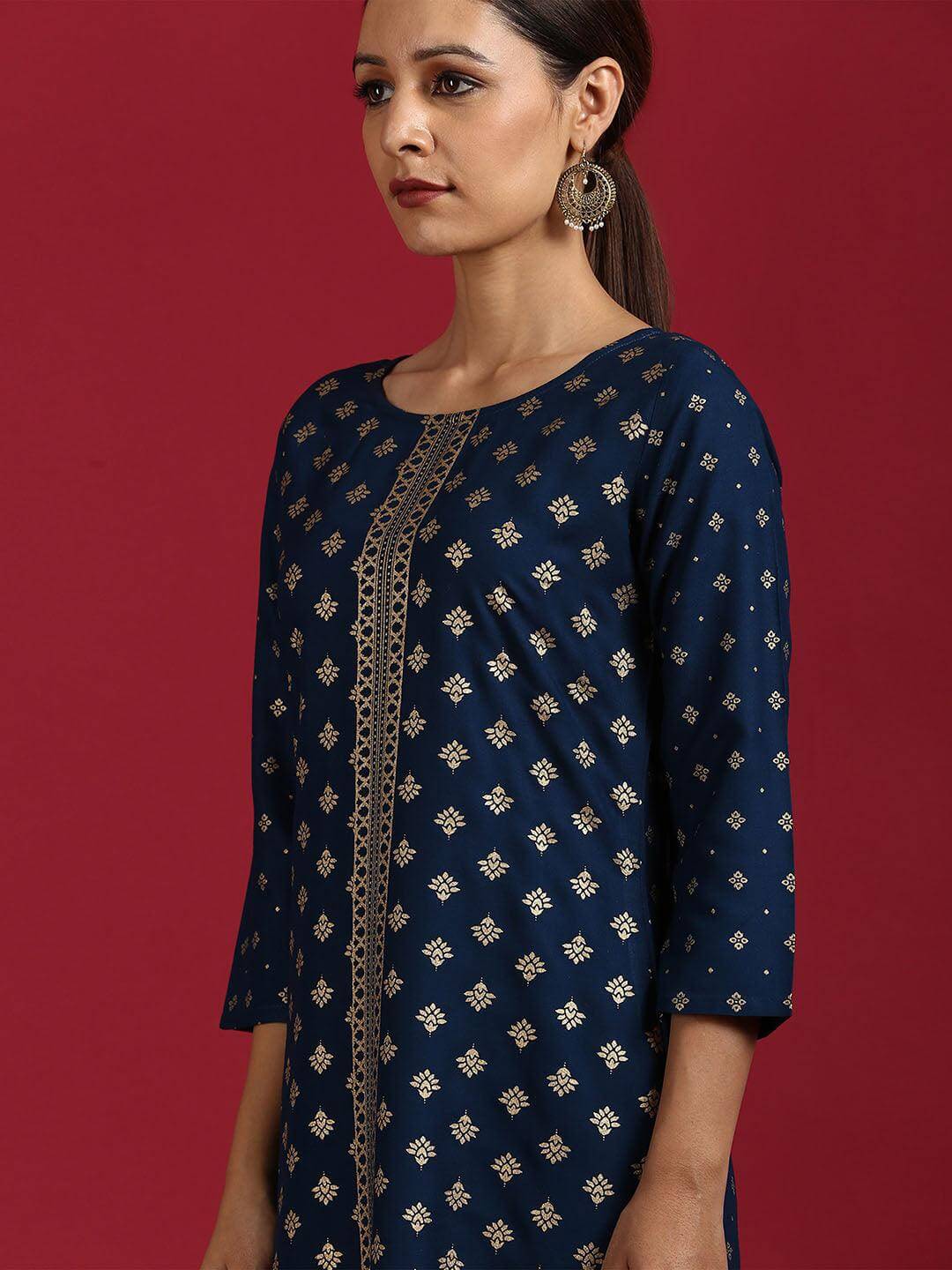 Dark Blue Rayon Ethnic Motifs Straight Kurta
