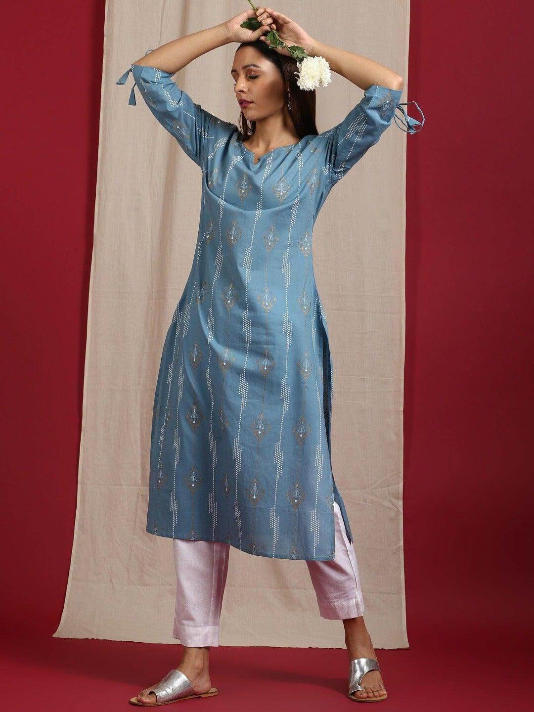 Turquoise Blue Cotton Ethnic Motifs Straight Kurta