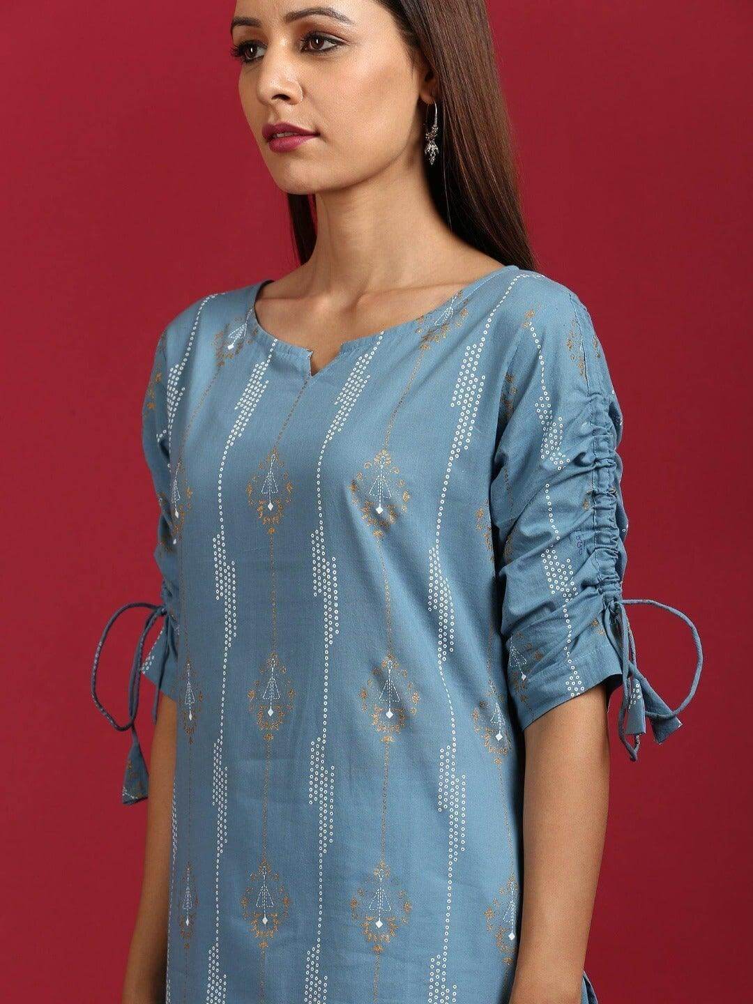 Turquoise Blue Cotton Ethnic Motifs Straight Kurta