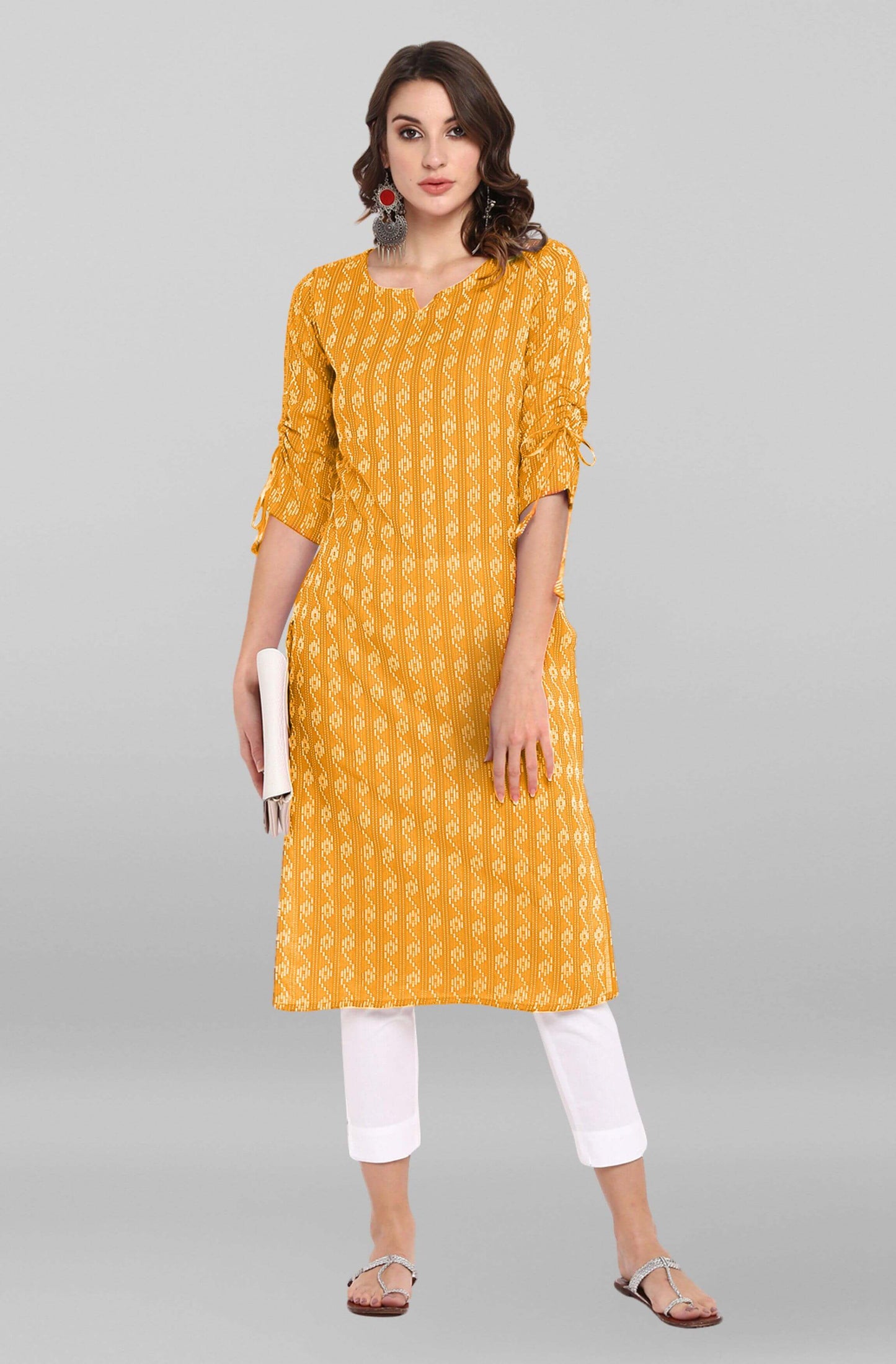 Yellow Cotton Woven Design Straight Kurta