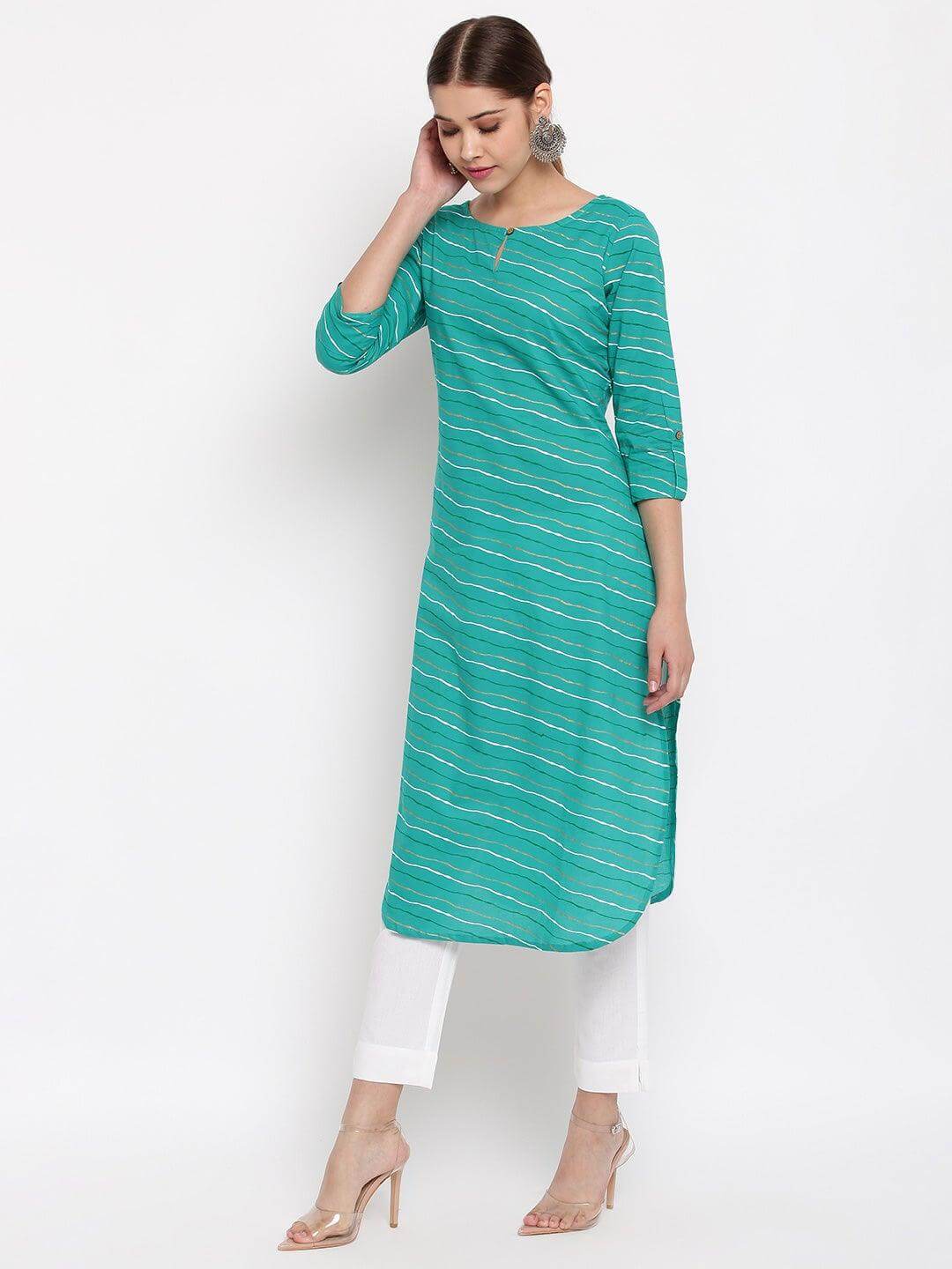Sea Green Cotton Leheriya Straight Kurta