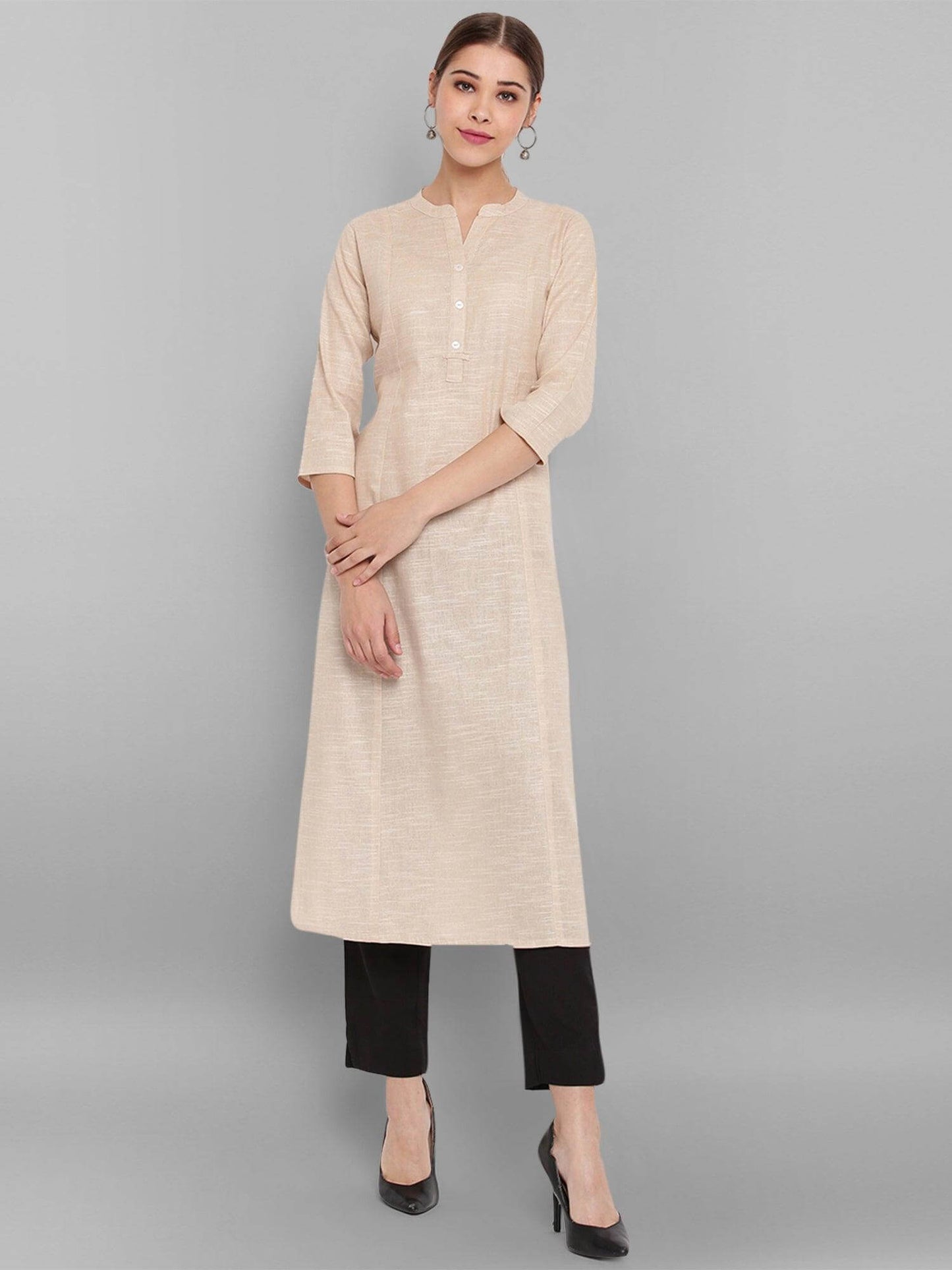 Beige Cotton Flex Woven Design Straight Kurta