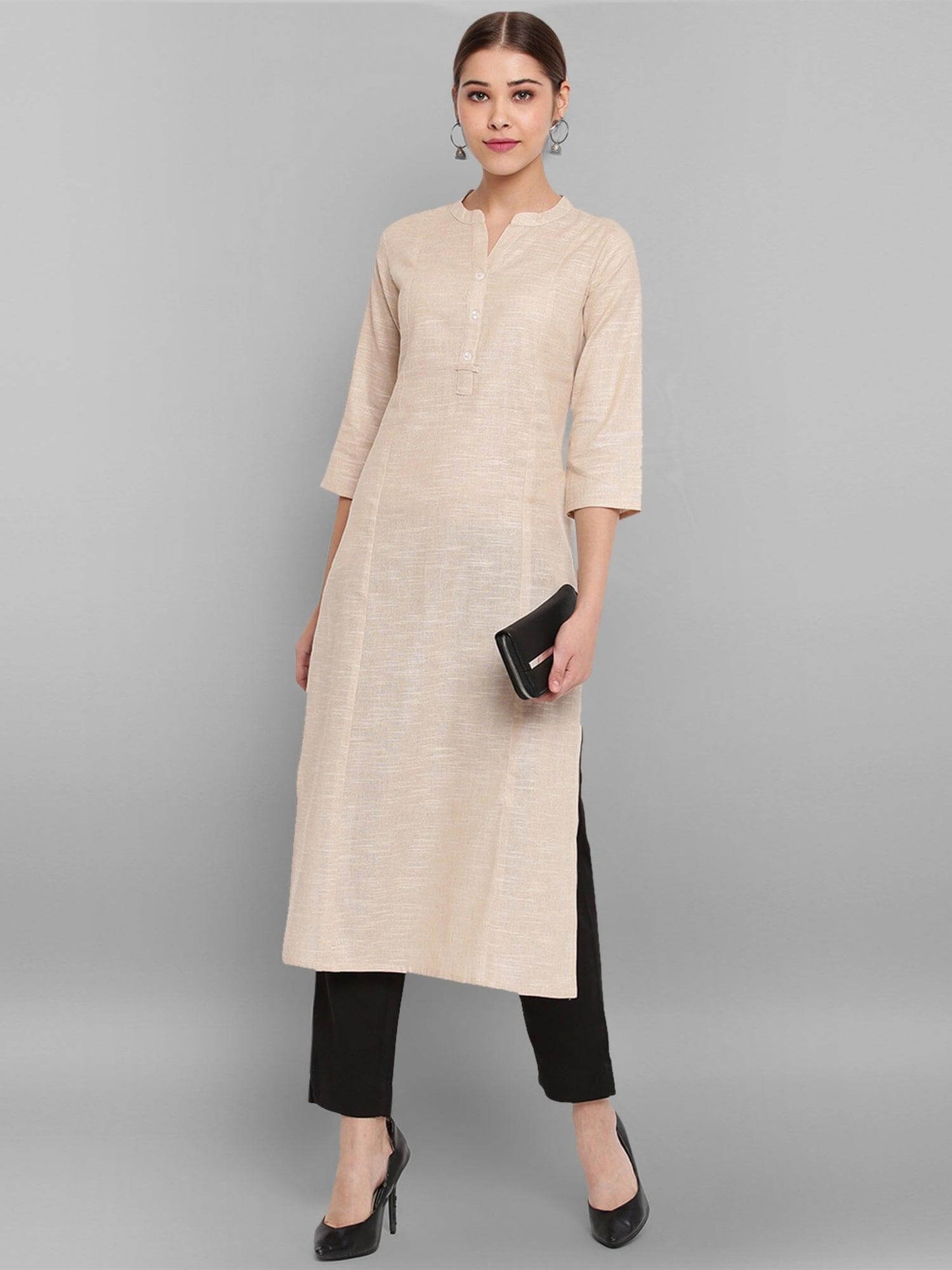 Beige Cotton Flex Woven Design Straight Kurta