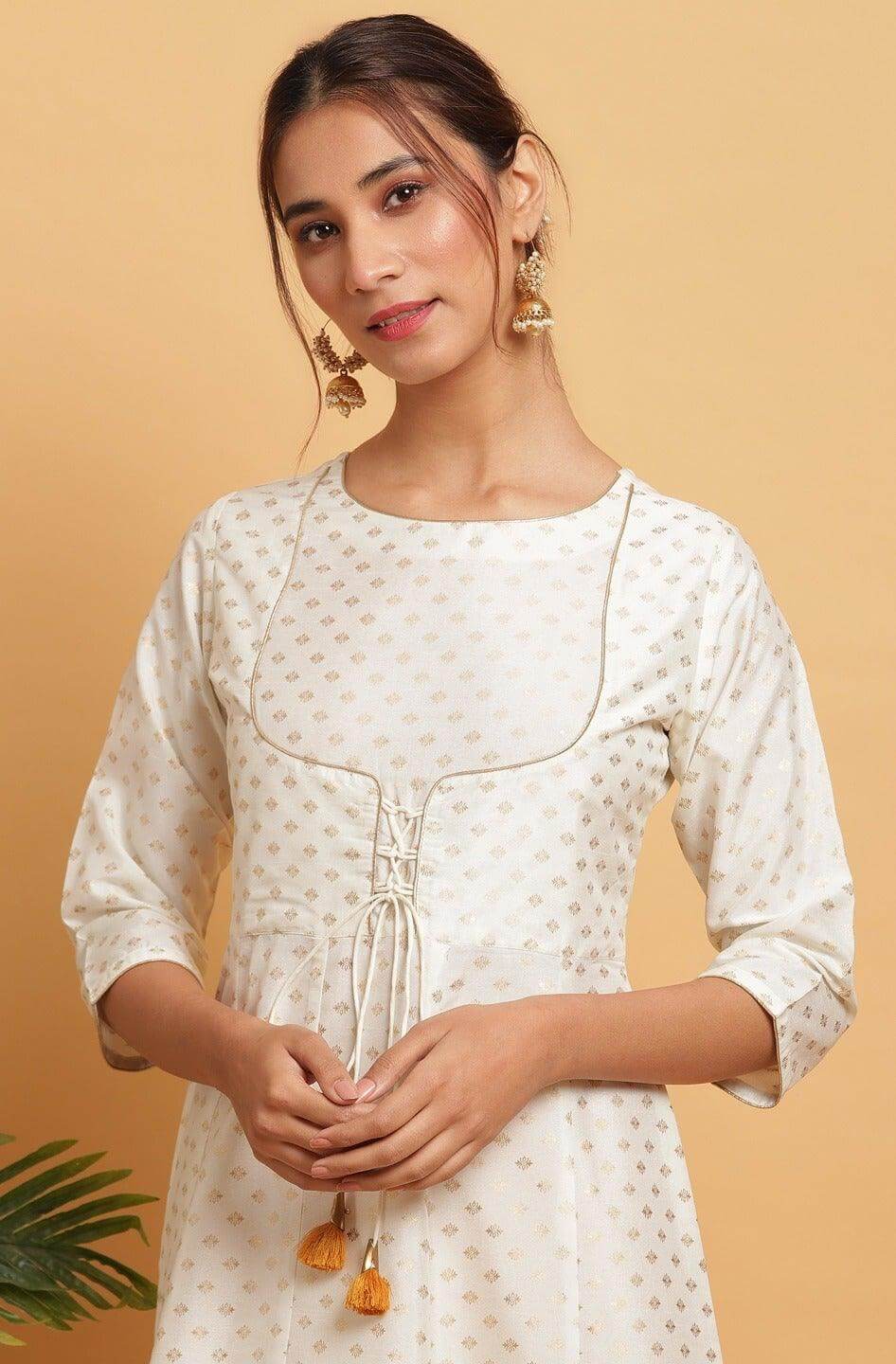 Off White Poly Silk Gold Print Anarkali Kurta