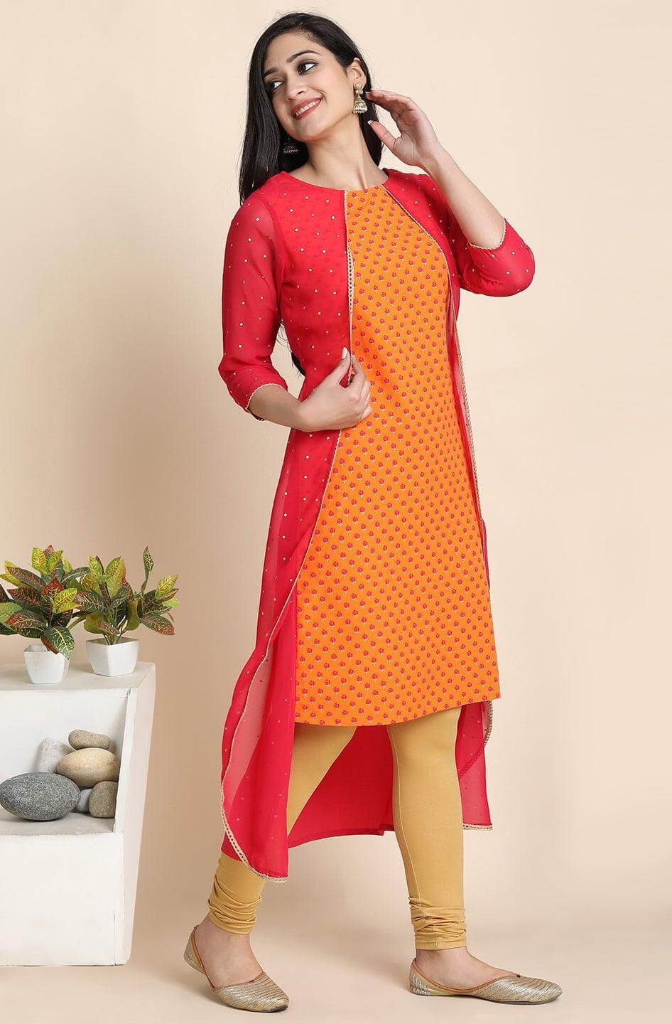 Orange Poly Crepe Floral Print A-Line With Attached Jacket Kurta